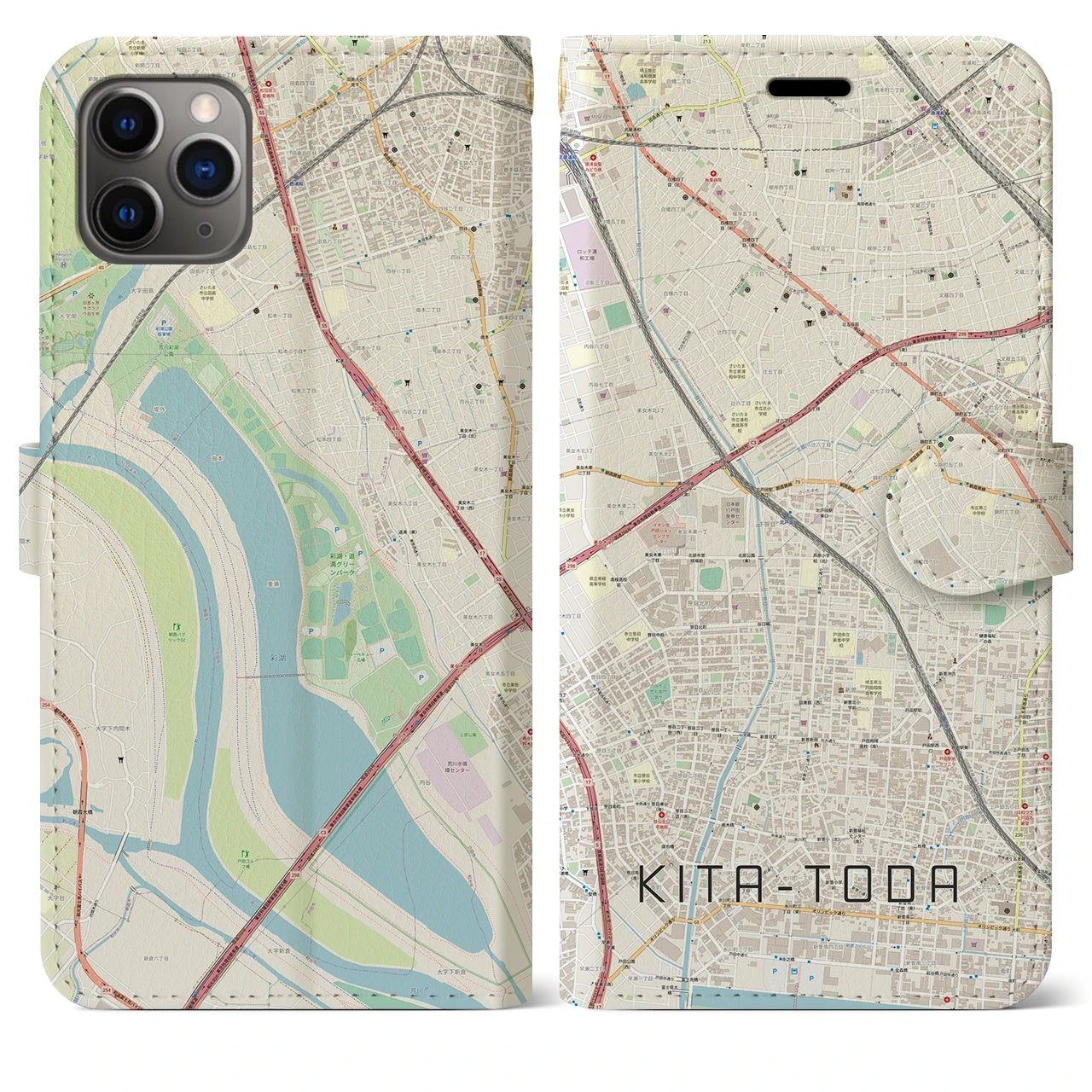 【北戸田】地図柄iPhoneケース（手帳両面タイプ・ナチュラル）iPhone 11 Pro Max 用