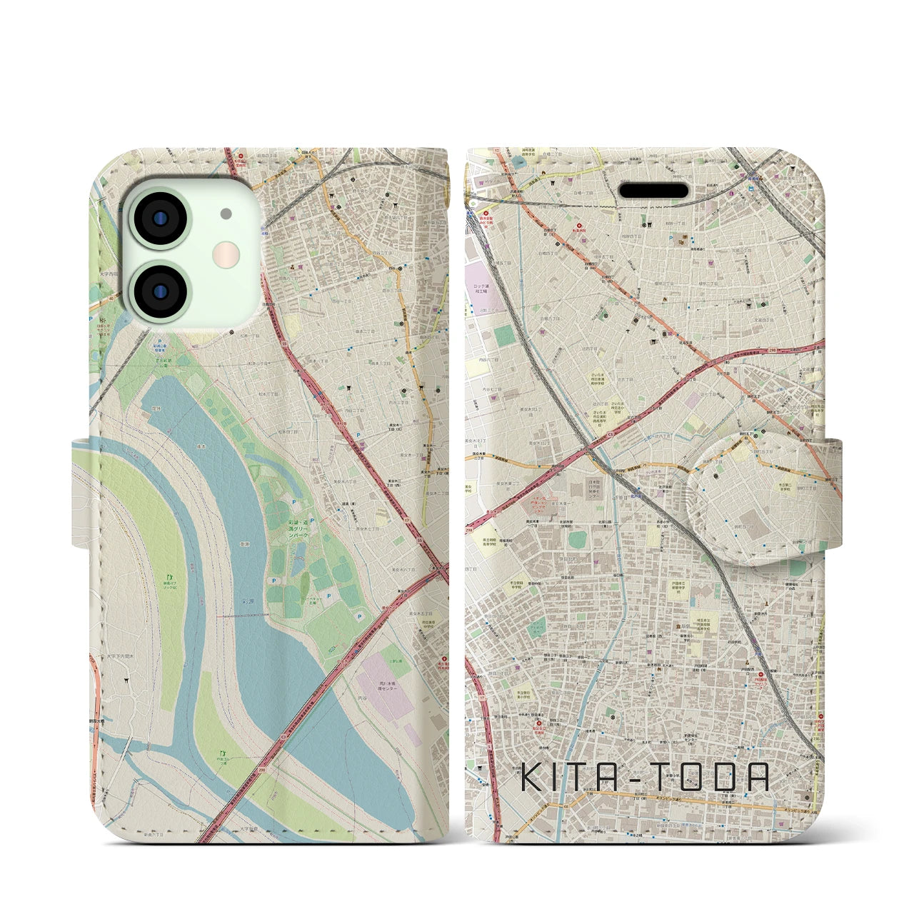 【北戸田】地図柄iPhoneケース（手帳両面タイプ・ナチュラル）iPhone 12 mini 用