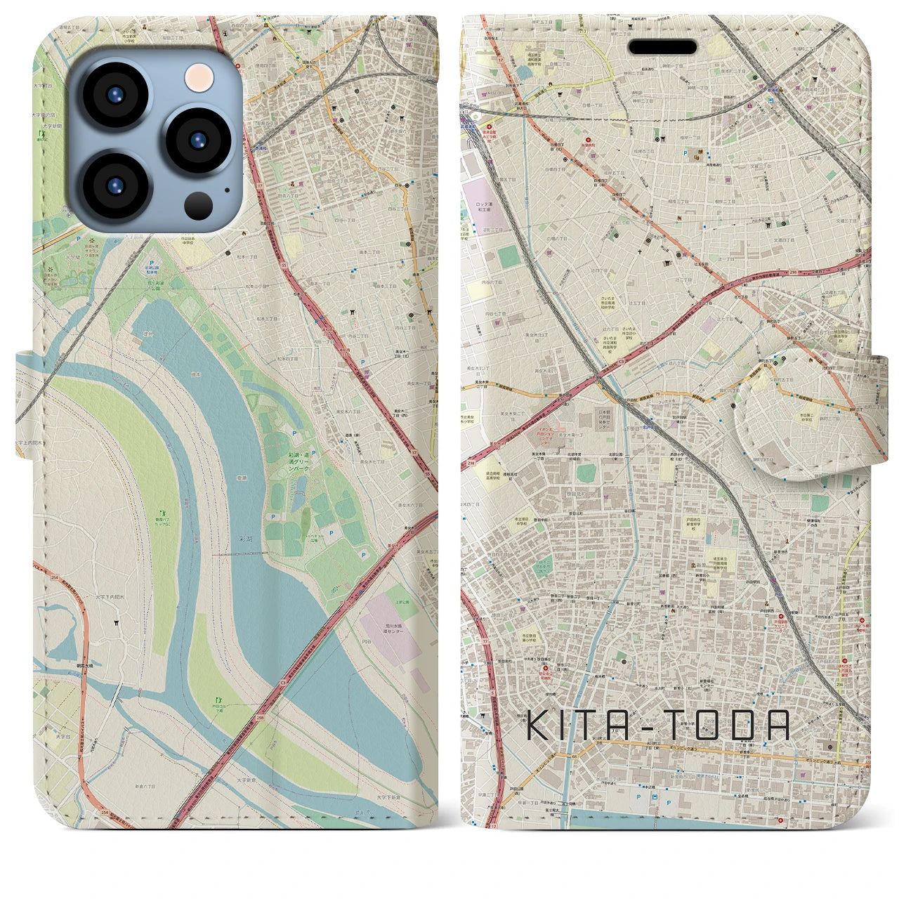 【北戸田】地図柄iPhoneケース（手帳両面タイプ・ナチュラル）iPhone 13 Pro Max 用