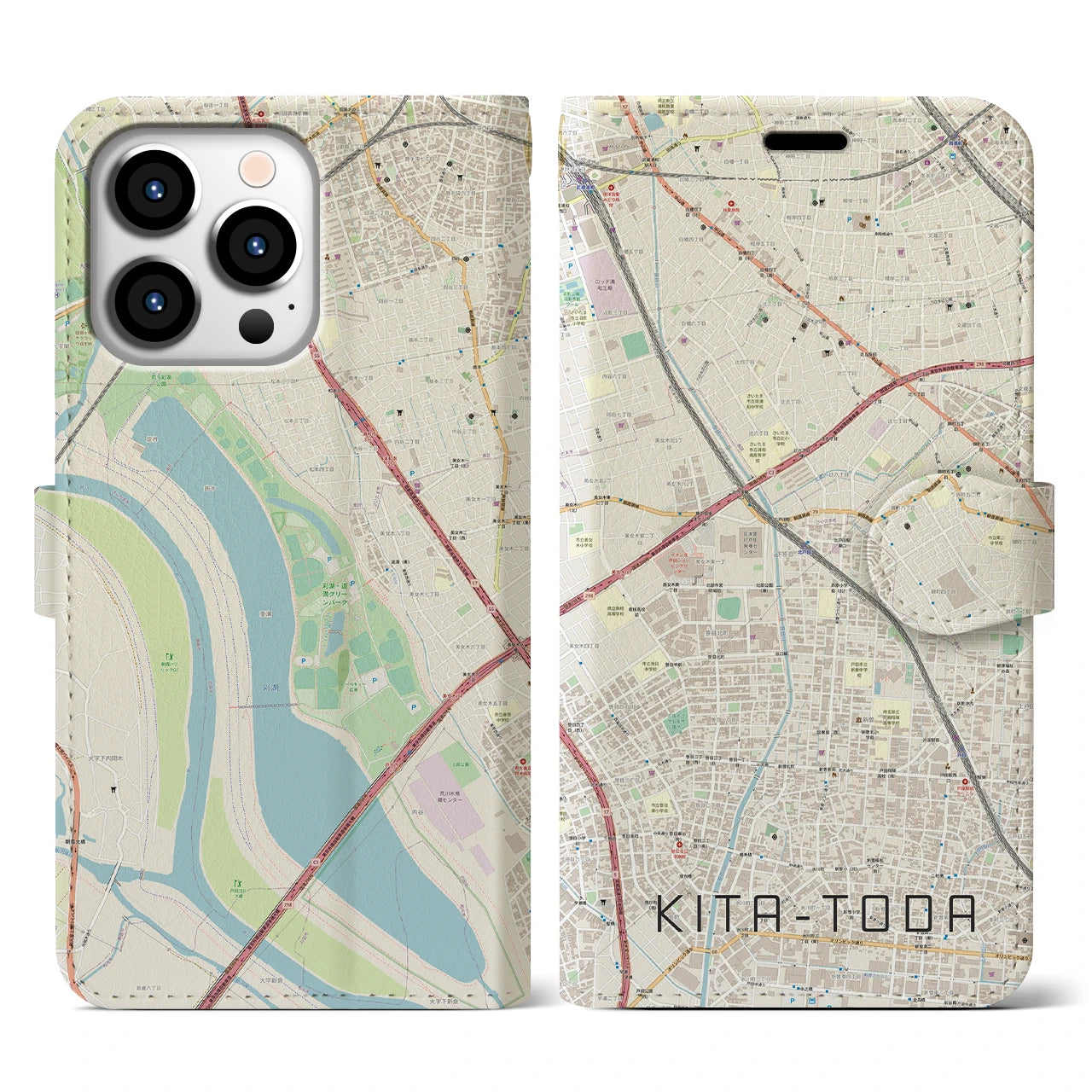 【北戸田】地図柄iPhoneケース（手帳両面タイプ・ナチュラル）iPhone 13 Pro 用