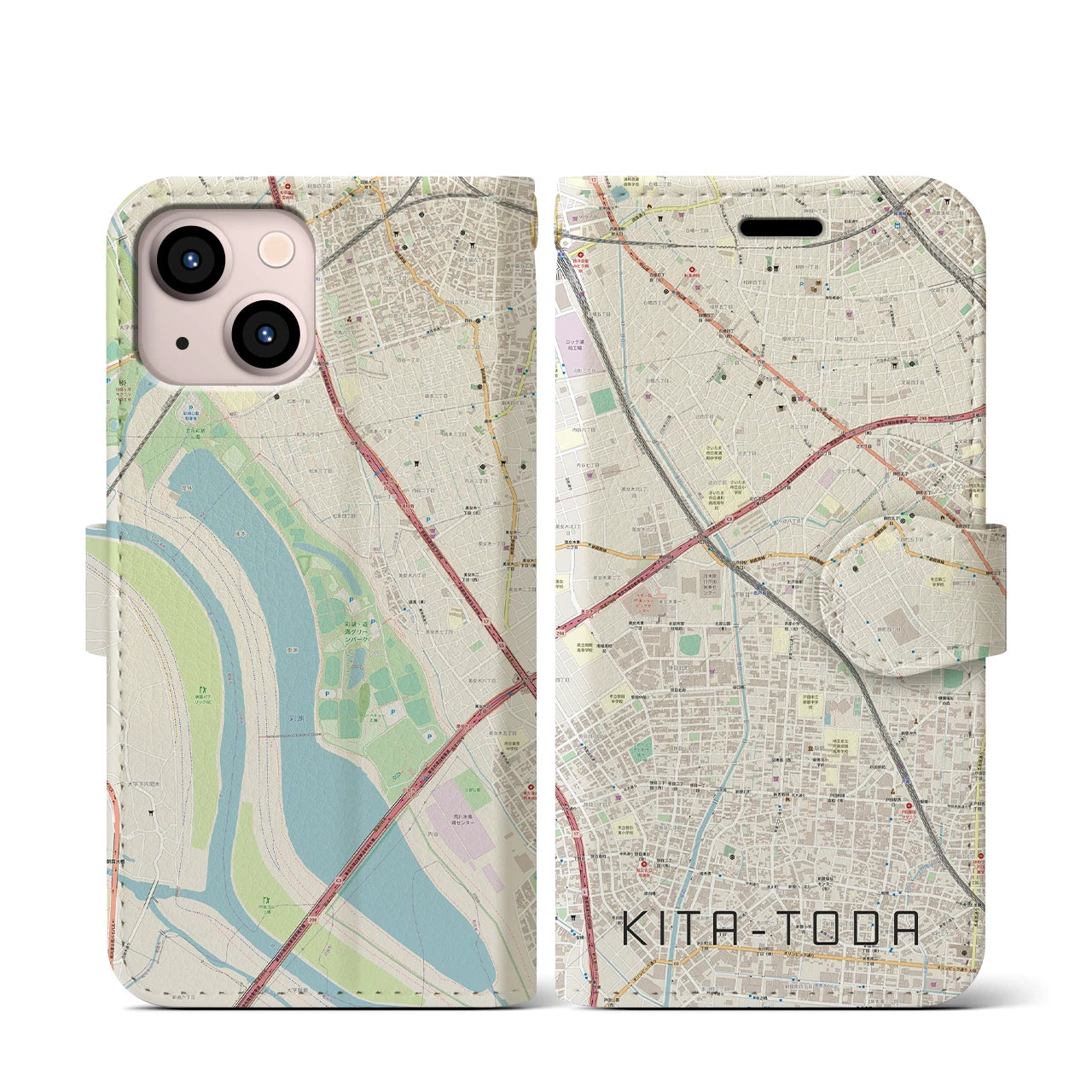 【北戸田】地図柄iPhoneケース（手帳両面タイプ・ナチュラル）iPhone 13 mini 用