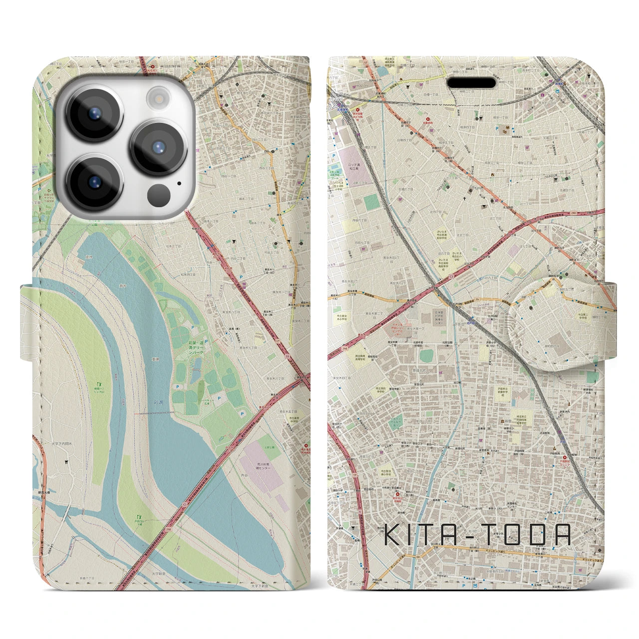 【北戸田】地図柄iPhoneケース（手帳両面タイプ・ナチュラル）iPhone 14 Pro 用