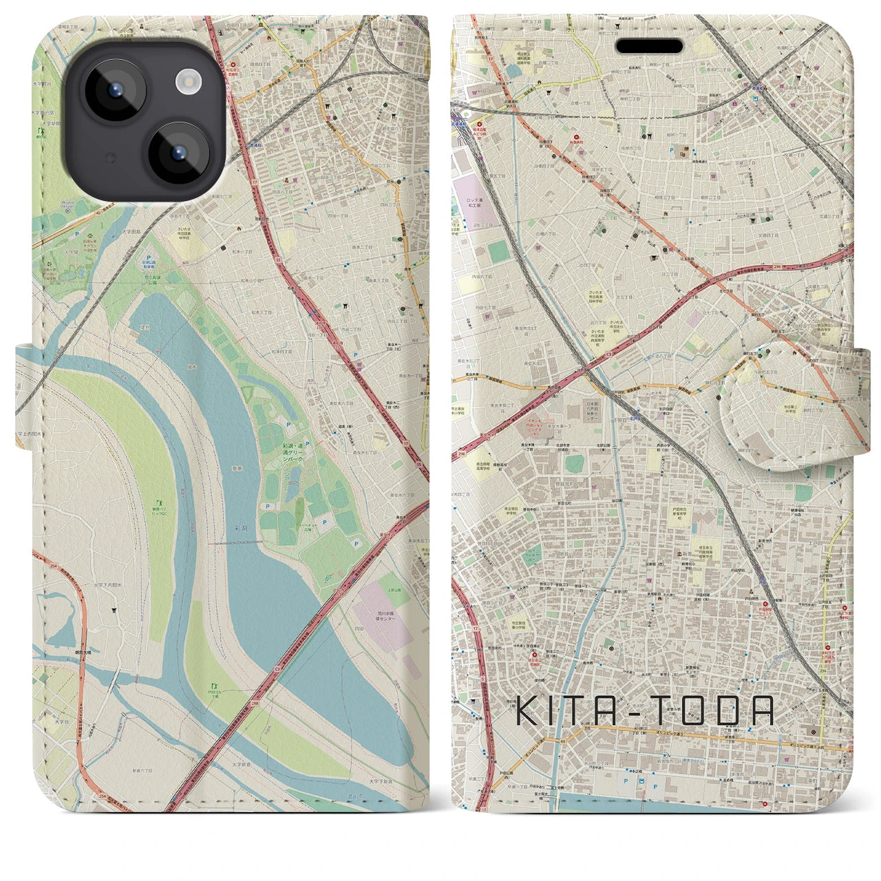 【北戸田】地図柄iPhoneケース（手帳両面タイプ・ナチュラル）iPhone 14 Plus 用