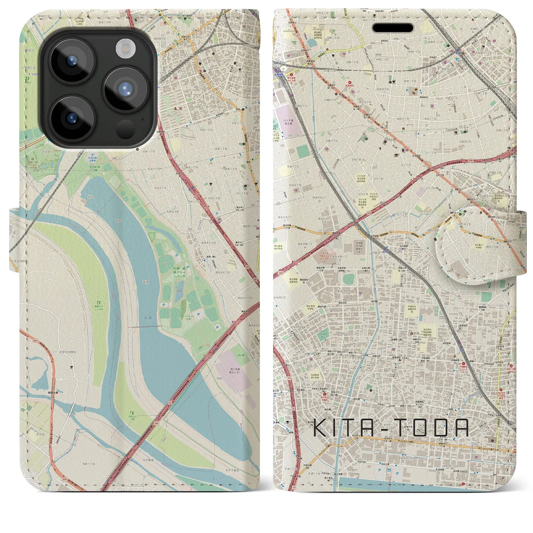【北戸田】地図柄iPhoneケース（手帳両面タイプ・ナチュラル）iPhone 15 Pro Max 用