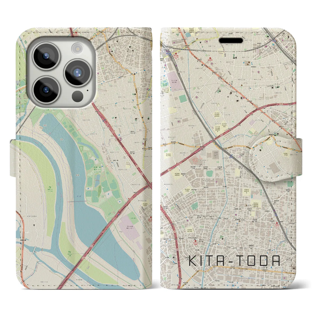 【北戸田】地図柄iPhoneケース（手帳両面タイプ・ナチュラル）iPhone 15 Pro 用