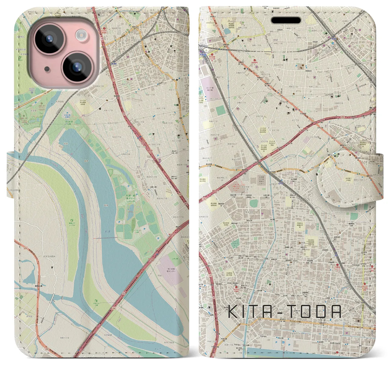 【北戸田】地図柄iPhoneケース（手帳両面タイプ・ナチュラル）iPhone 15 Plus 用