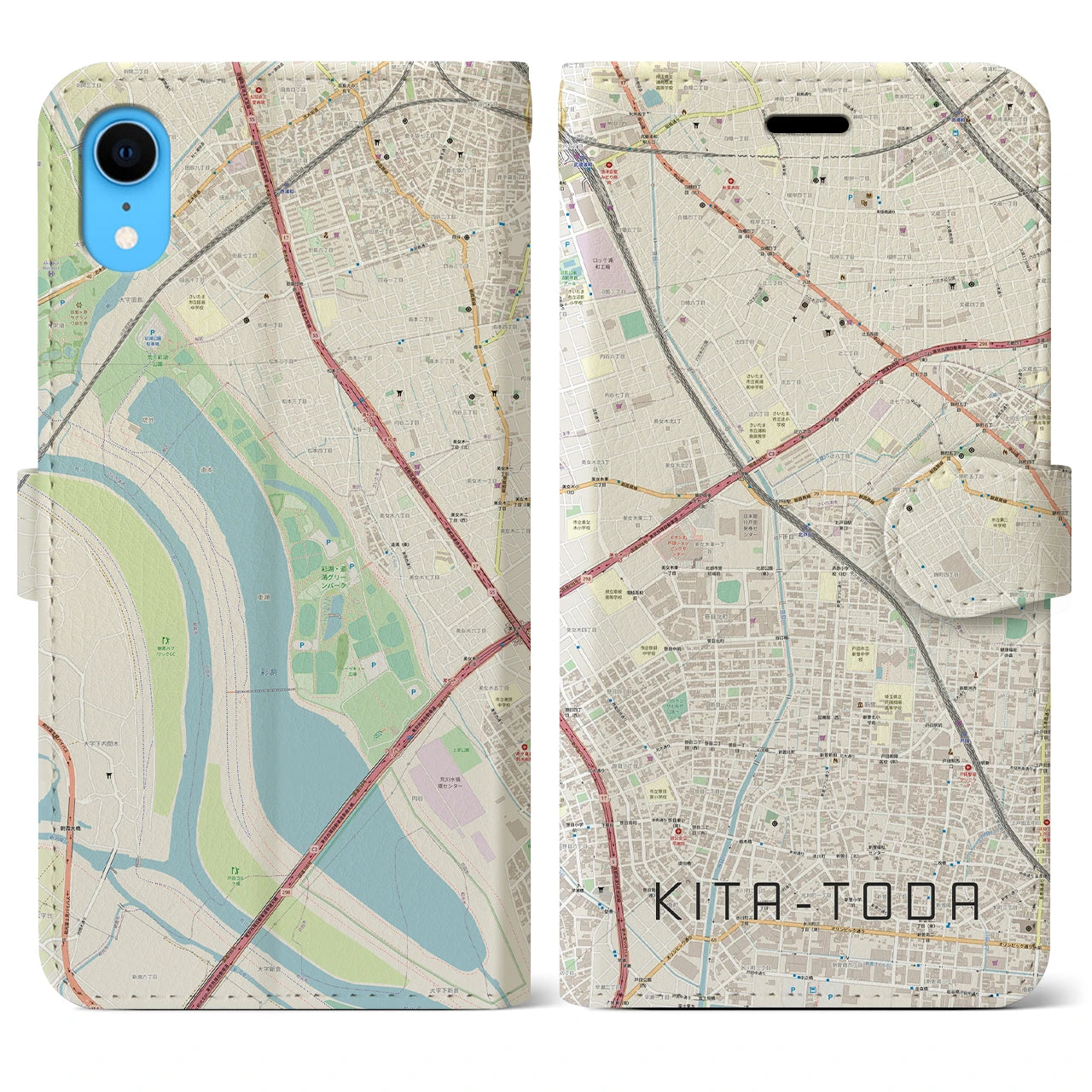 【北戸田】地図柄iPhoneケース（手帳両面タイプ・ナチュラル）iPhone XR 用