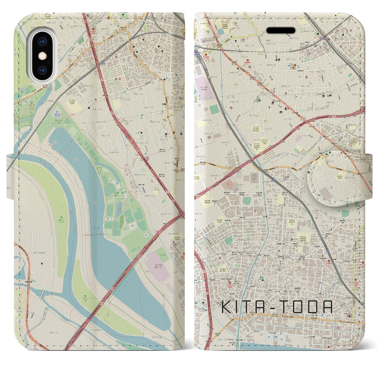 【北戸田】地図柄iPhoneケース（手帳両面タイプ・ナチュラル）iPhone XS Max 用