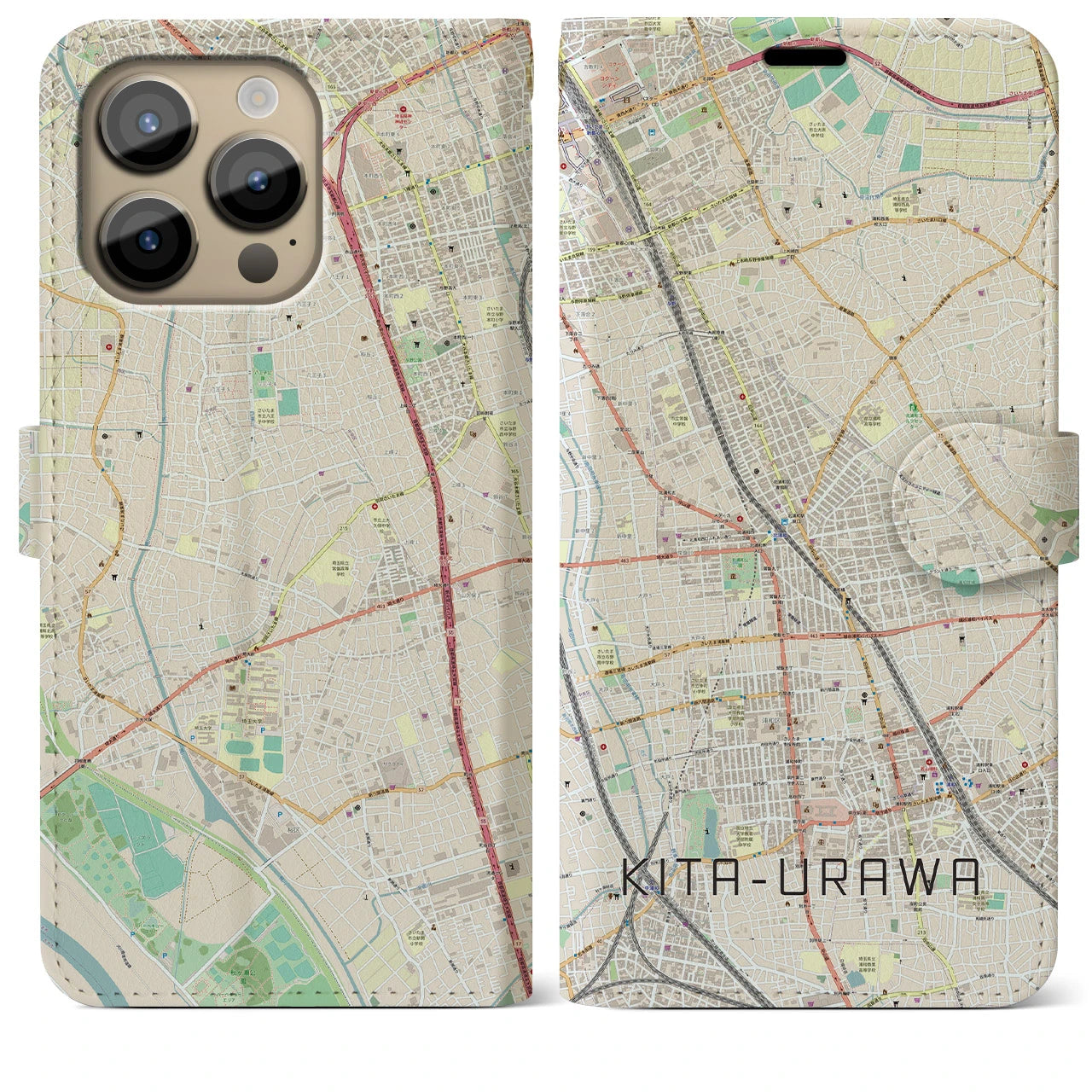 【北浦和】地図柄iPhoneケース（手帳両面タイプ・ナチュラル）iPhone 14 Pro Max 用