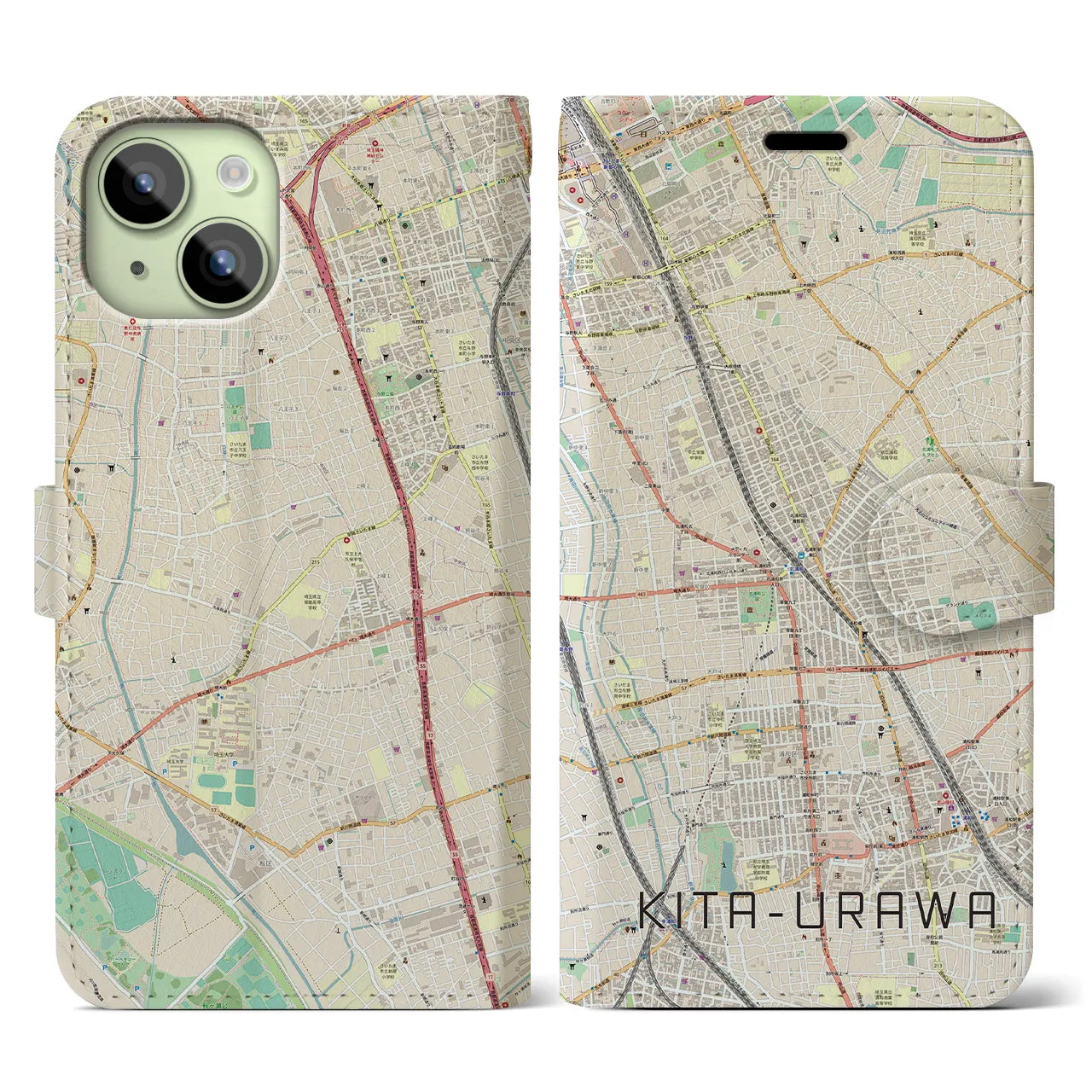 【北浦和】地図柄iPhoneケース（手帳両面タイプ・ナチュラル）iPhone 15 用