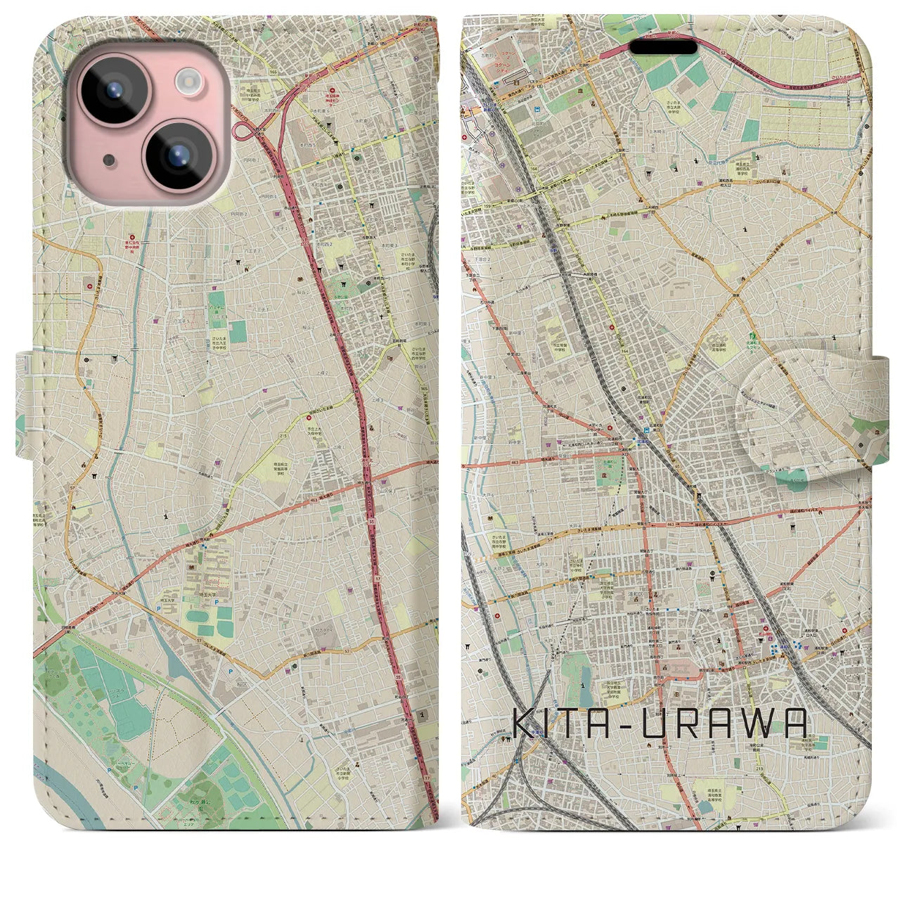 【北浦和】地図柄iPhoneケース（手帳両面タイプ・ナチュラル）iPhone 15 Plus 用