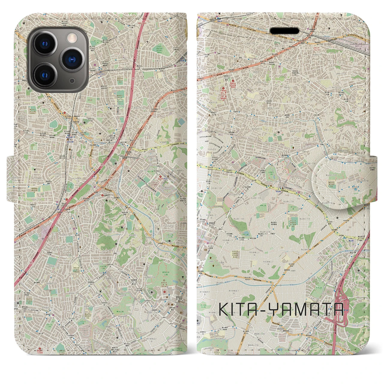 【北山田】地図柄iPhoneケース（手帳両面タイプ・ナチュラル）iPhone 11 Pro Max 用