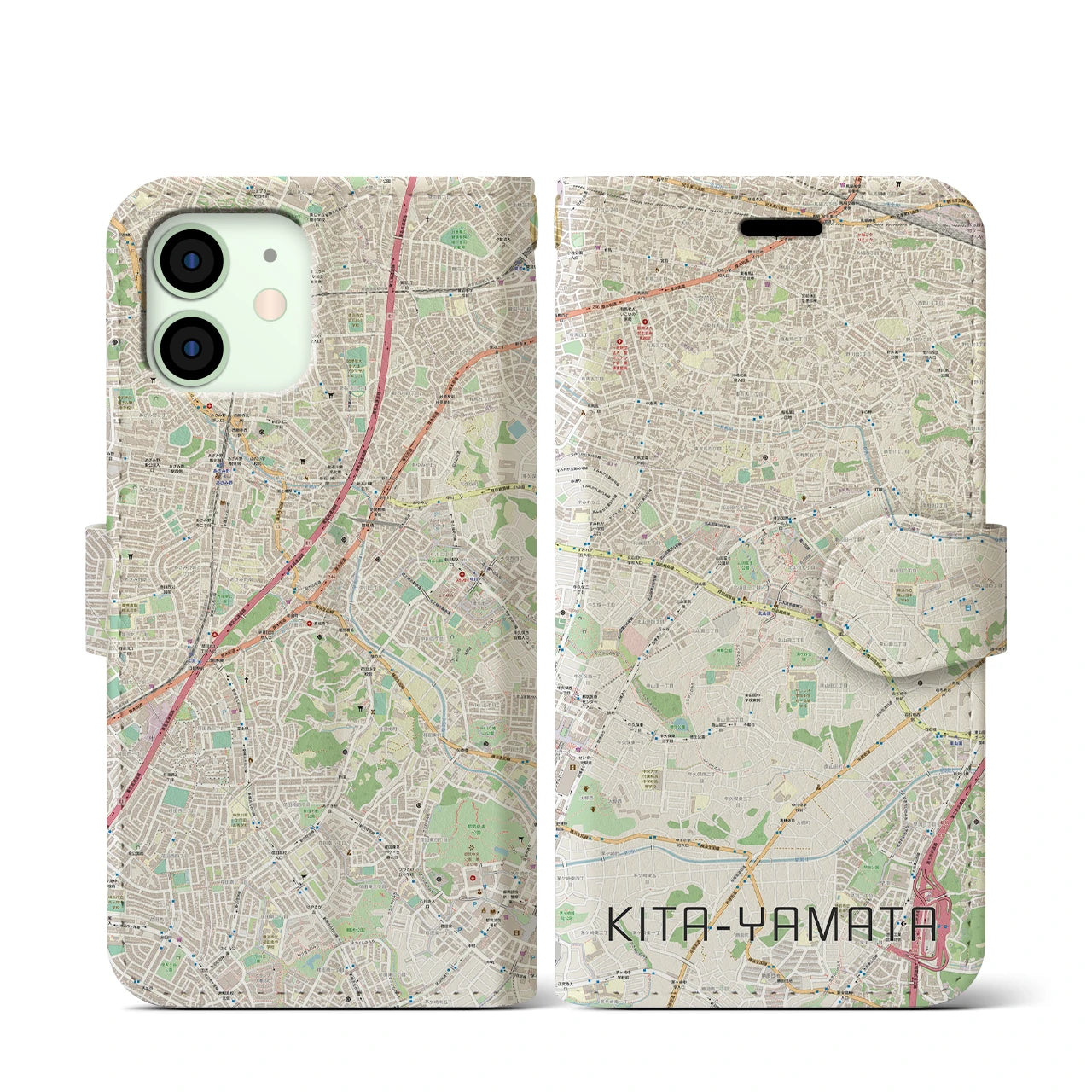 【北山田】地図柄iPhoneケース（手帳両面タイプ・ナチュラル）iPhone 12 mini 用