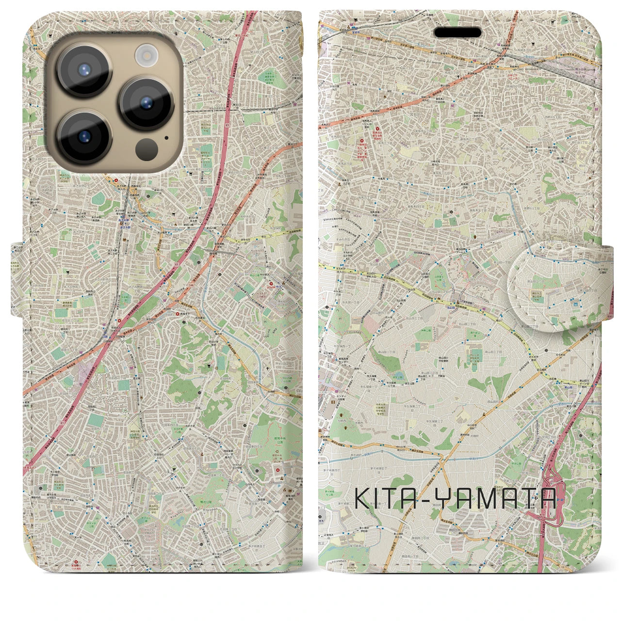 【北山田】地図柄iPhoneケース（手帳両面タイプ・ナチュラル）iPhone 14 Pro Max 用