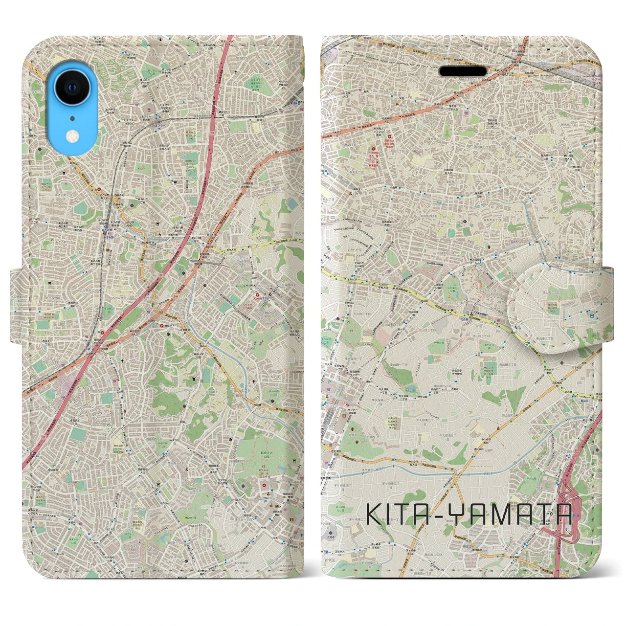 【北山田】地図柄iPhoneケース（手帳両面タイプ・ナチュラル）iPhone XR 用