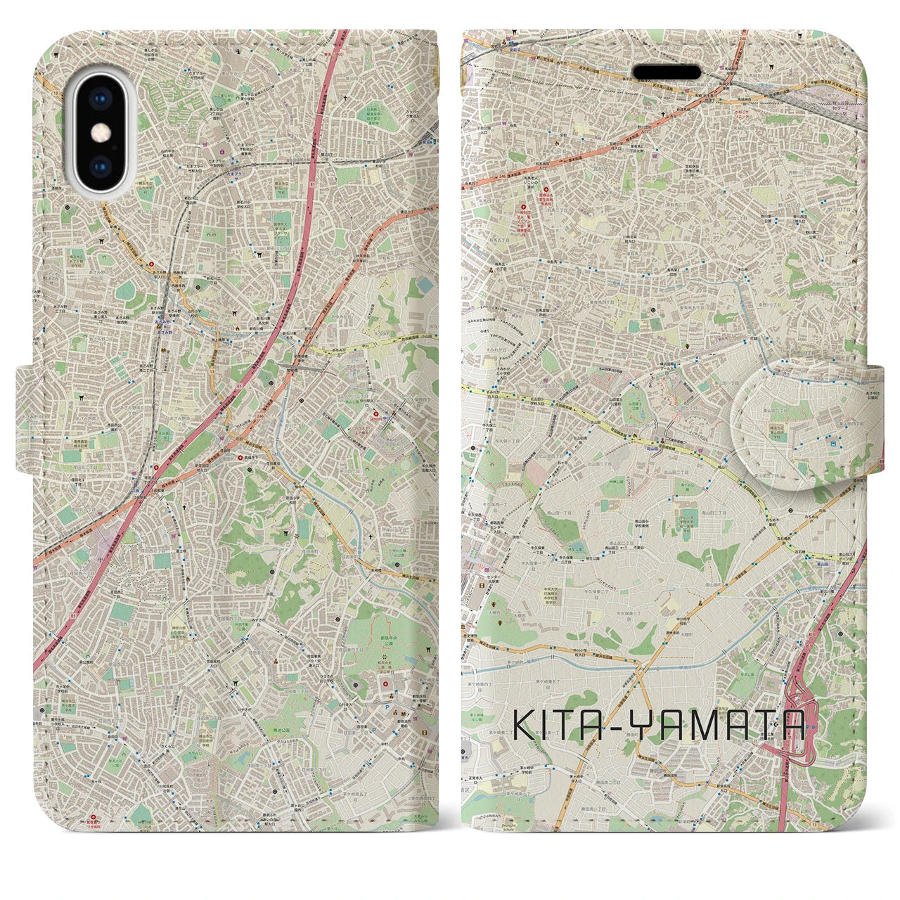 【北山田】地図柄iPhoneケース（手帳両面タイプ・ナチュラル）iPhone XS Max 用
