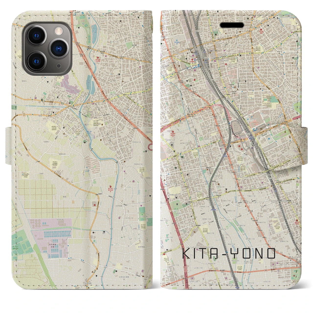 【北与野】地図柄iPhoneケース（手帳両面タイプ・ナチュラル）iPhone 11 Pro Max 用