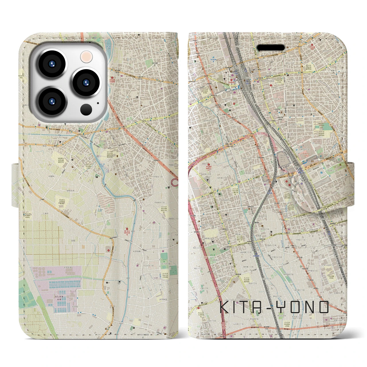 【北与野】地図柄iPhoneケース（手帳両面タイプ・ナチュラル）iPhone 13 Pro 用