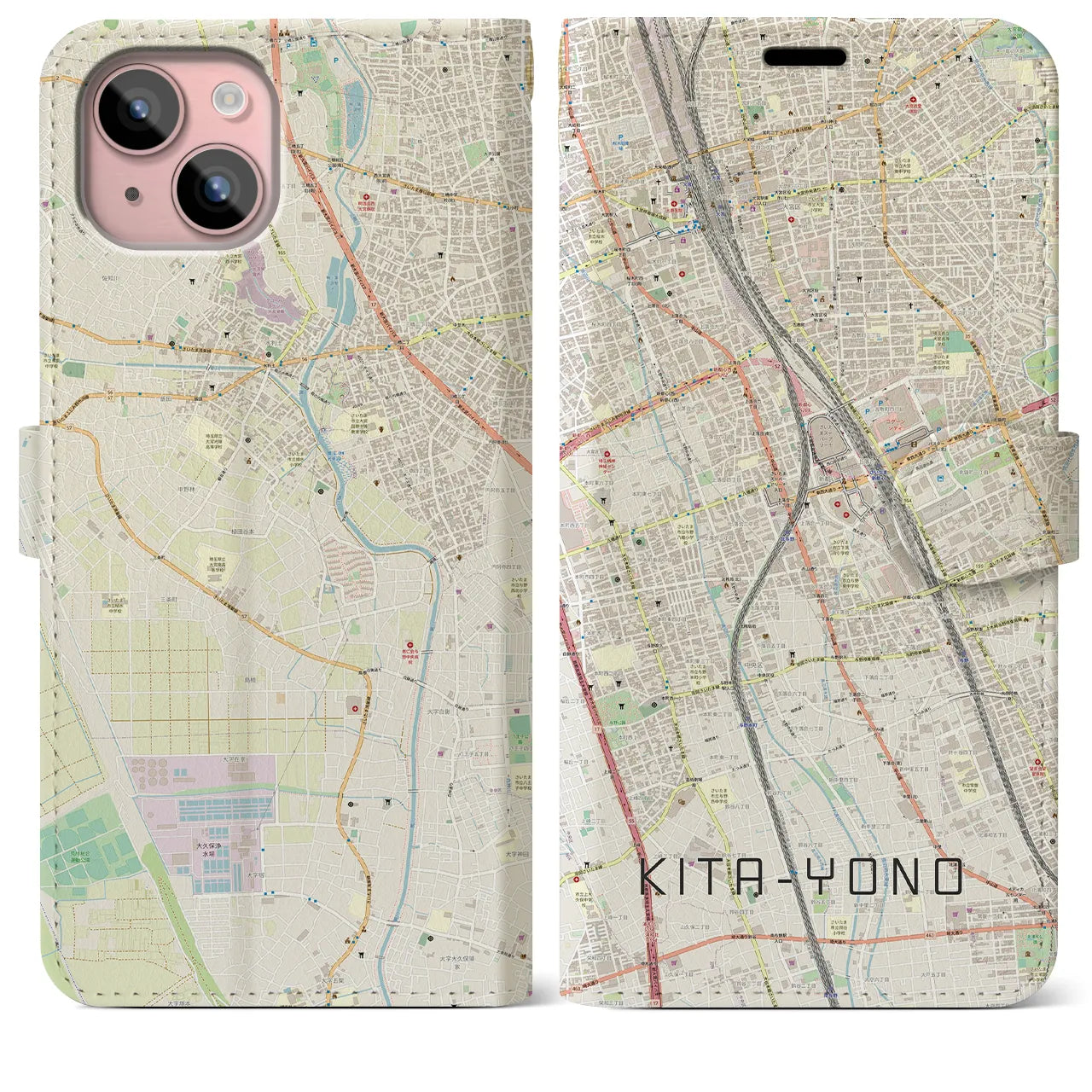 【北与野】地図柄iPhoneケース（手帳両面タイプ・ナチュラル）iPhone 15 Plus 用