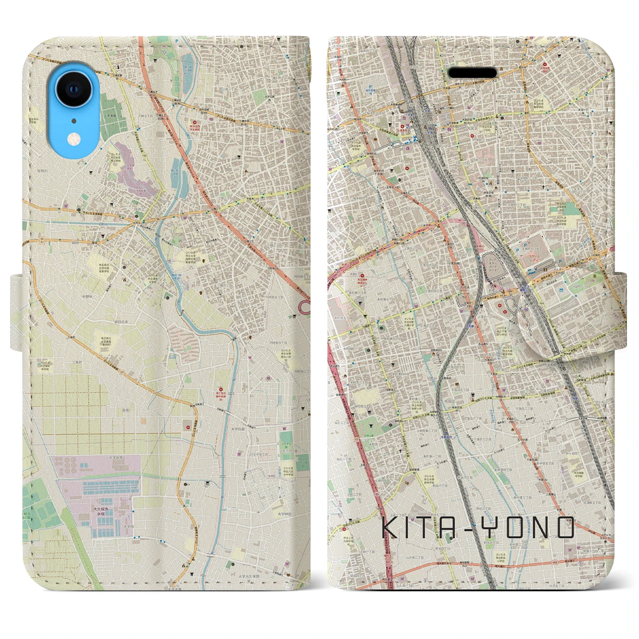 【北与野】地図柄iPhoneケース（手帳両面タイプ・ナチュラル）iPhone XR 用