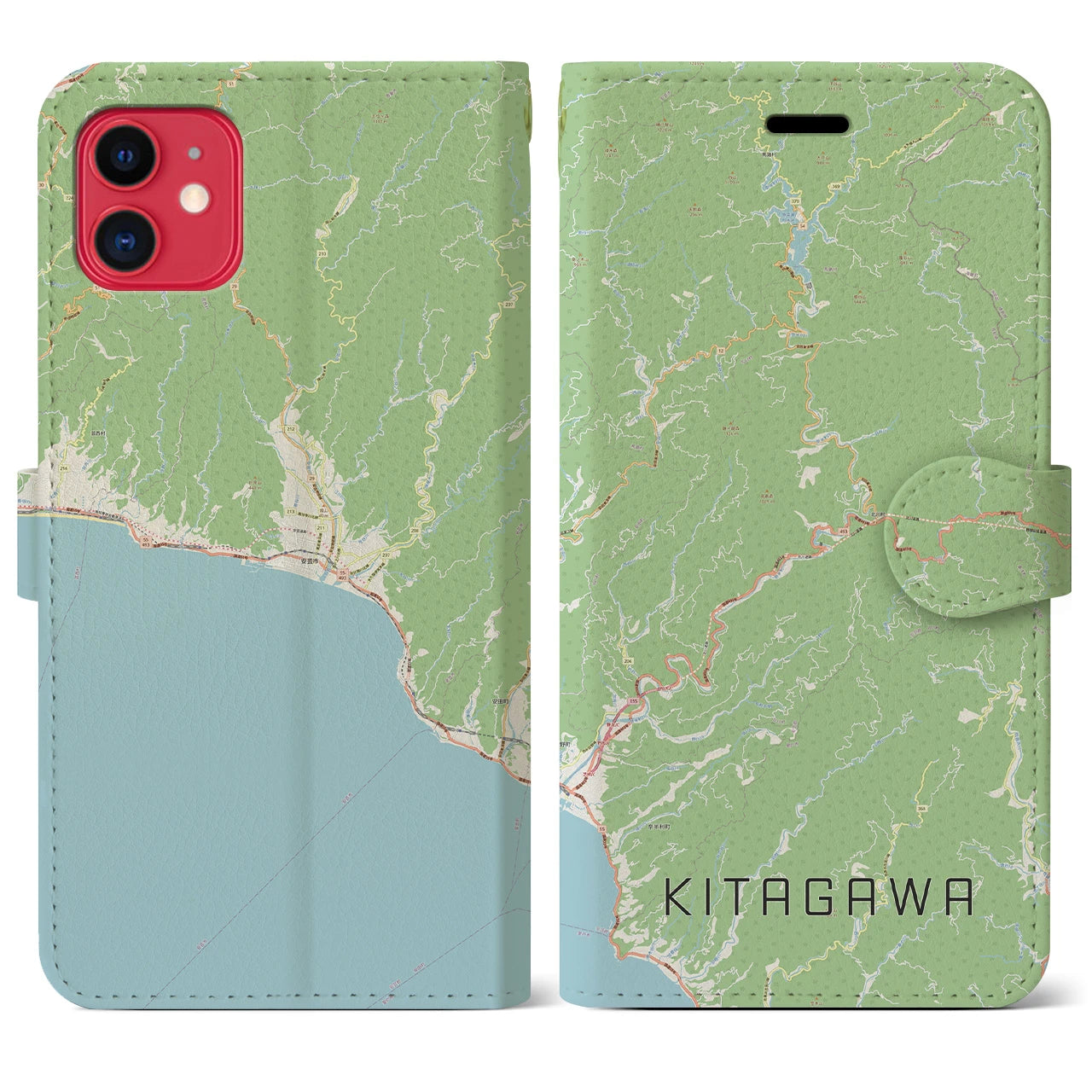 【北川（高知県）】地図柄iPhoneケース（手帳タイプ）ナチュラル・iPhone 11 用
