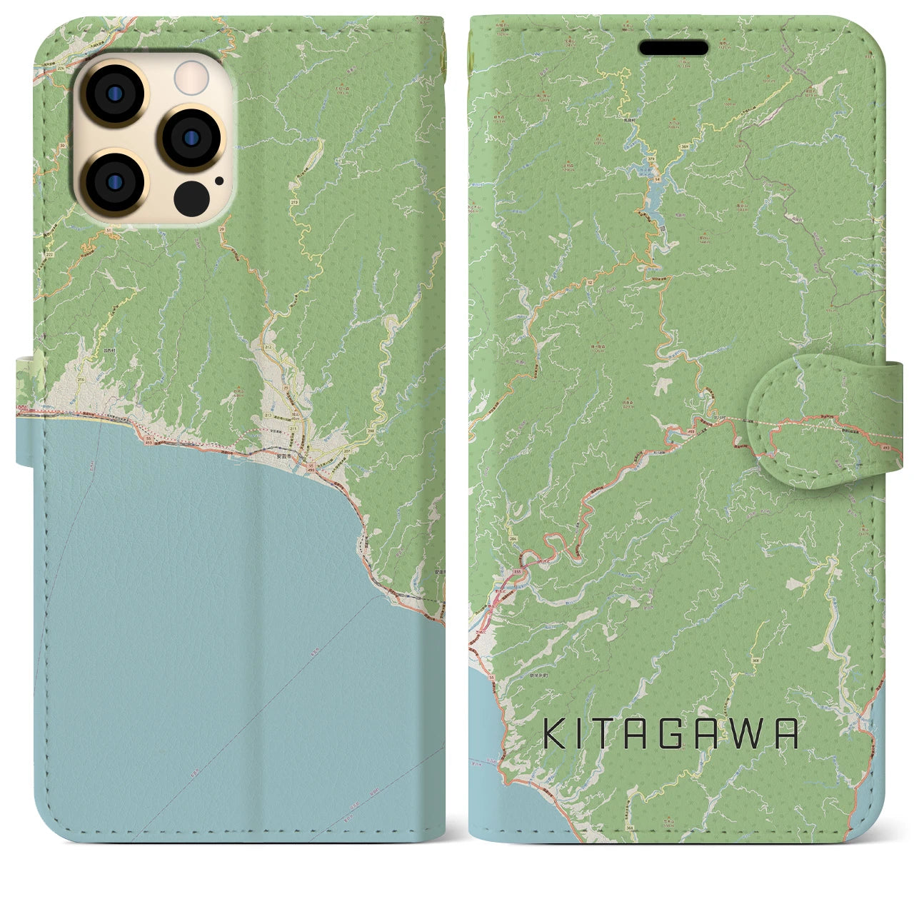 【北川（高知県）】地図柄iPhoneケース（手帳タイプ）ナチュラル・iPhone 12 Pro Max 用