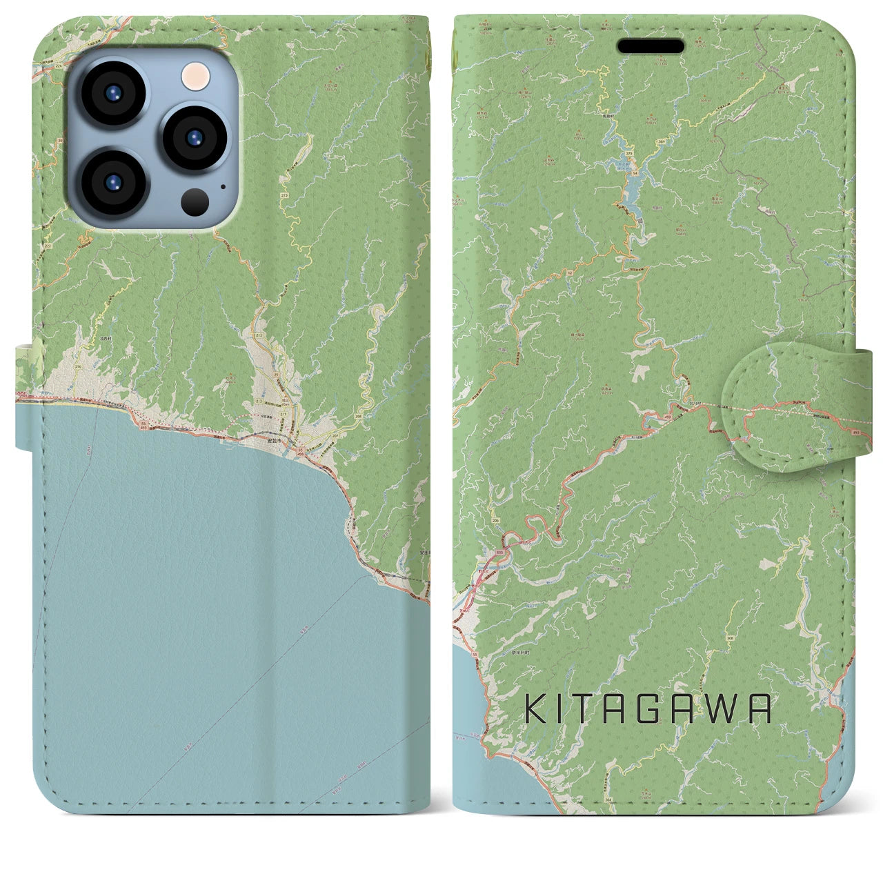 【北川（高知県）】地図柄iPhoneケース（手帳タイプ）ナチュラル・iPhone 13 Pro Max 用