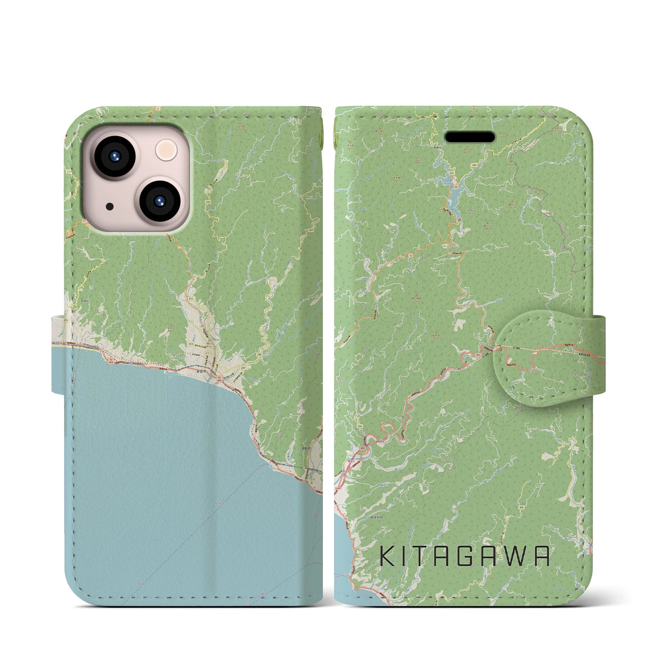 【北川（高知県）】地図柄iPhoneケース（手帳タイプ）ナチュラル・iPhone 13 mini 用