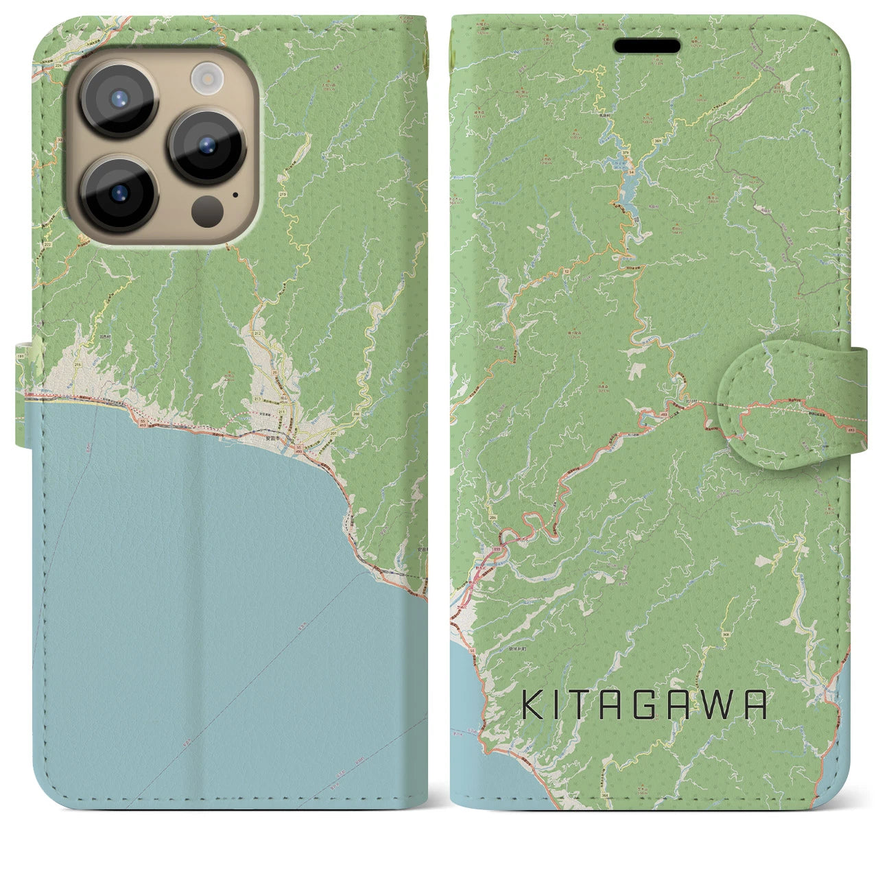 【北川】地図柄iPhoneケース（手帳両面タイプ・ナチュラル）iPhone 14 Pro Max 用