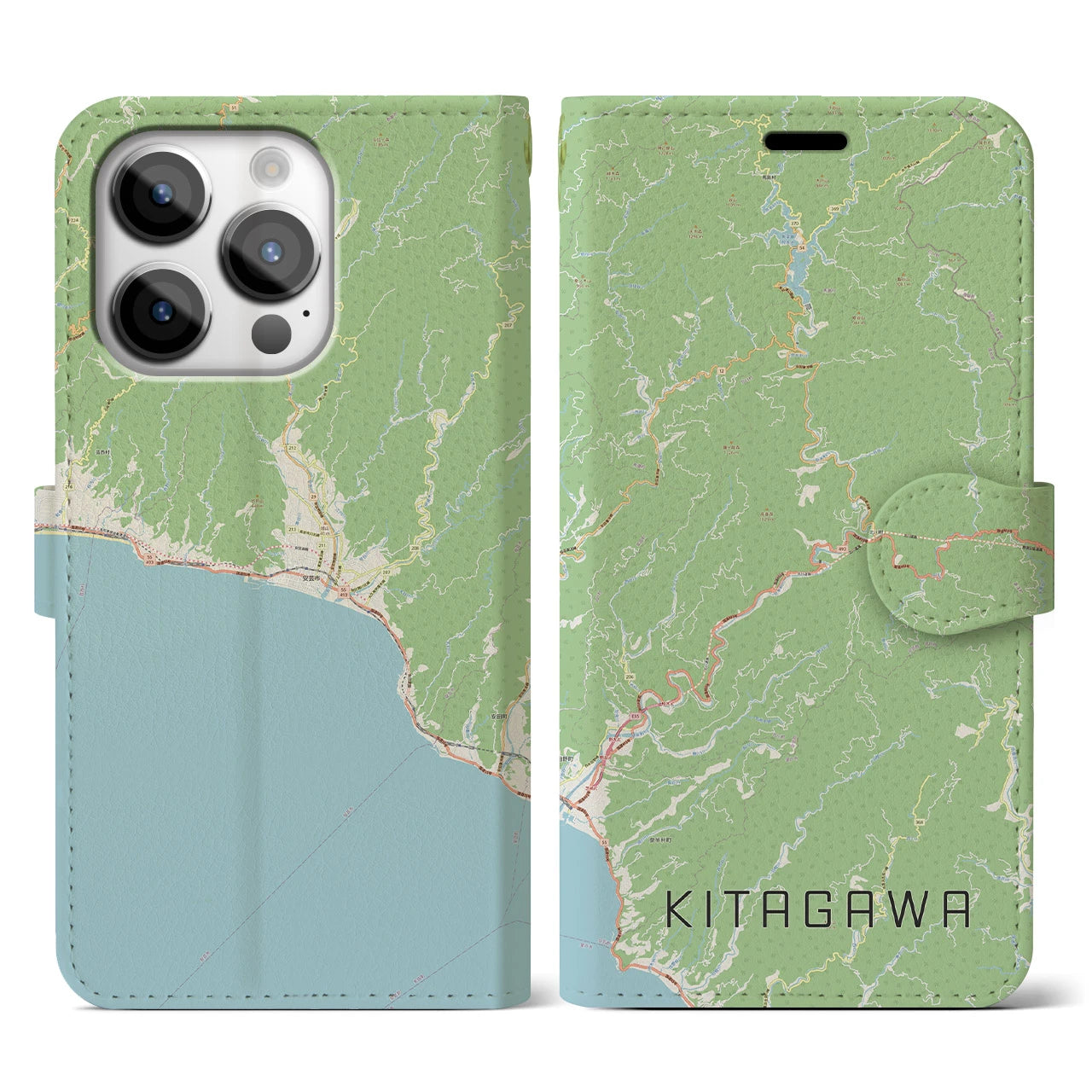 【北川】地図柄iPhoneケース（手帳両面タイプ・ナチュラル）iPhone 14 Pro 用