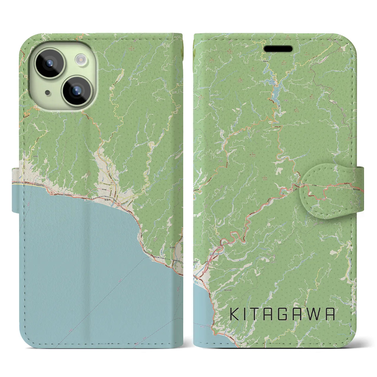 【北川】地図柄iPhoneケース（手帳両面タイプ・ナチュラル）iPhone 15 用