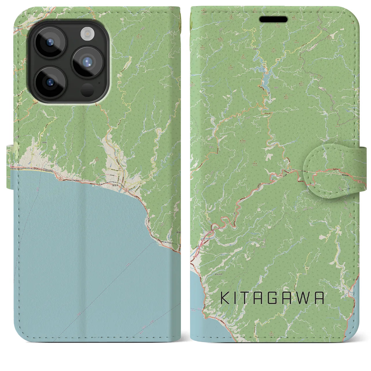 【北川（高知県）】地図柄iPhoneケース（手帳タイプ）ナチュラル・iPhone 15 Pro Max 用
