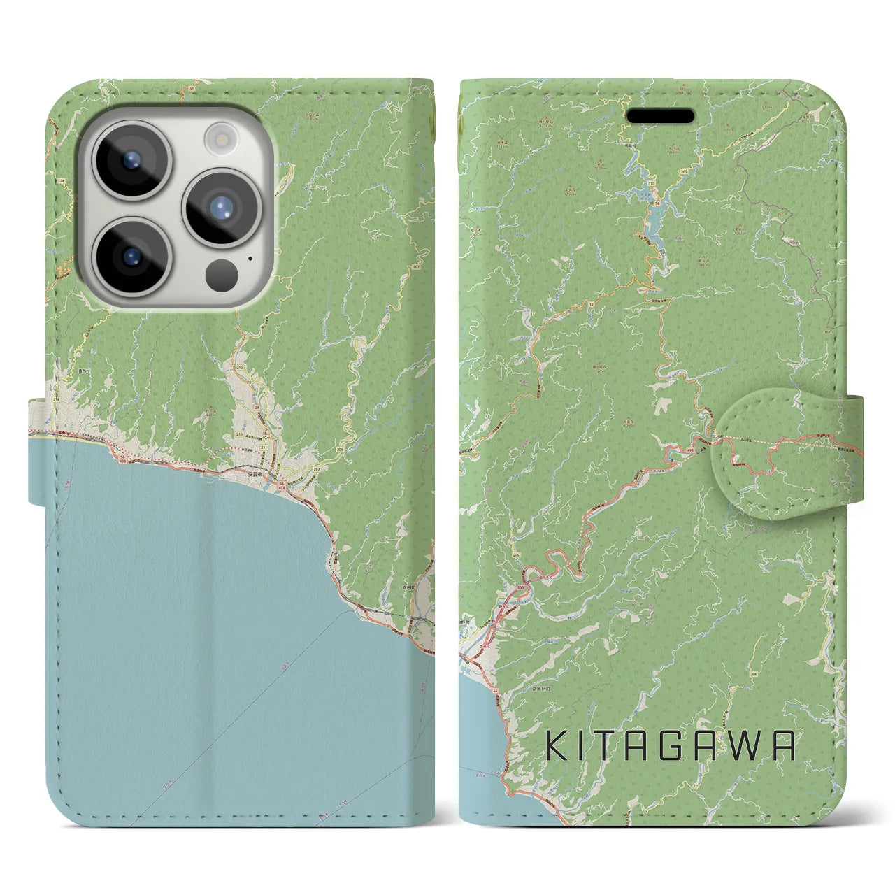 【北川】地図柄iPhoneケース（手帳両面タイプ・ナチュラル）iPhone 15 Pro 用