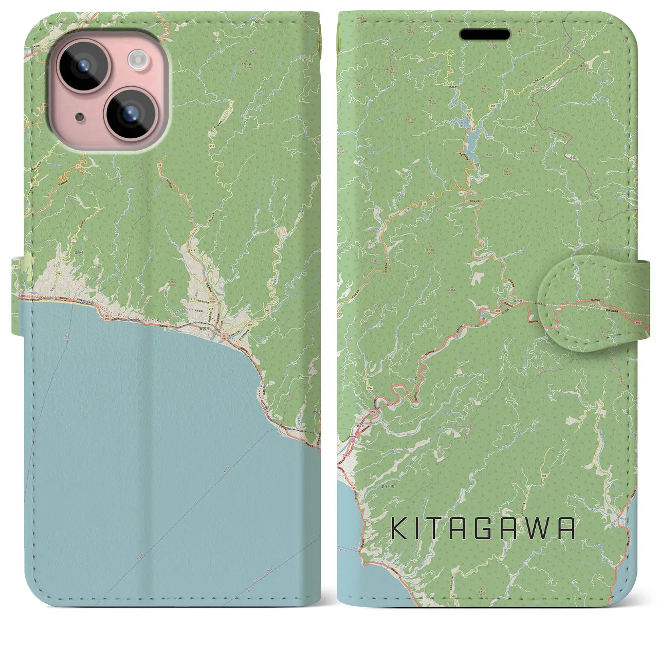 【北川】地図柄iPhoneケース（手帳両面タイプ・ナチュラル）iPhone 15 Plus 用