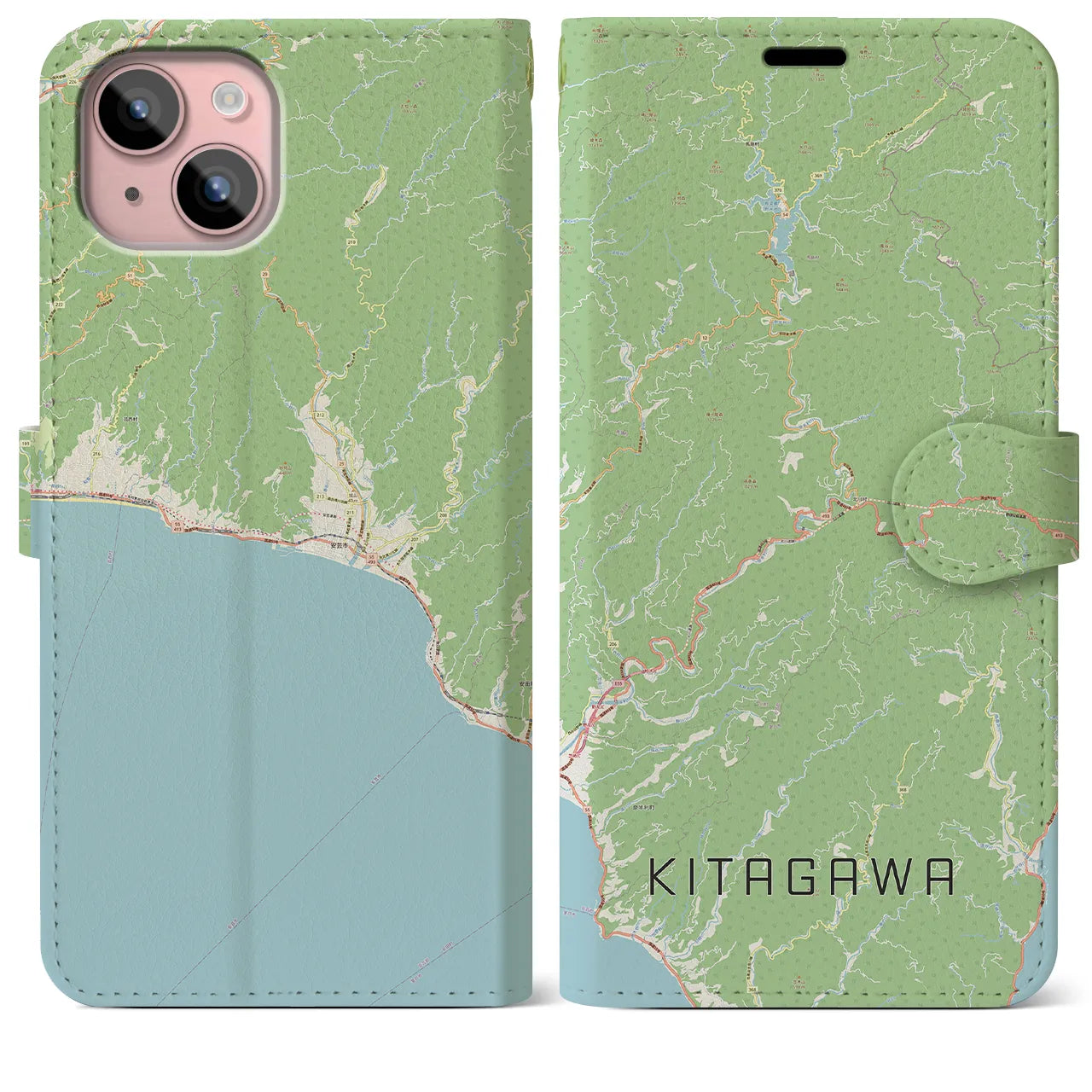 【北川（高知県）】地図柄iPhoneケース（手帳タイプ）ナチュラル・iPhone 15 Plus 用
