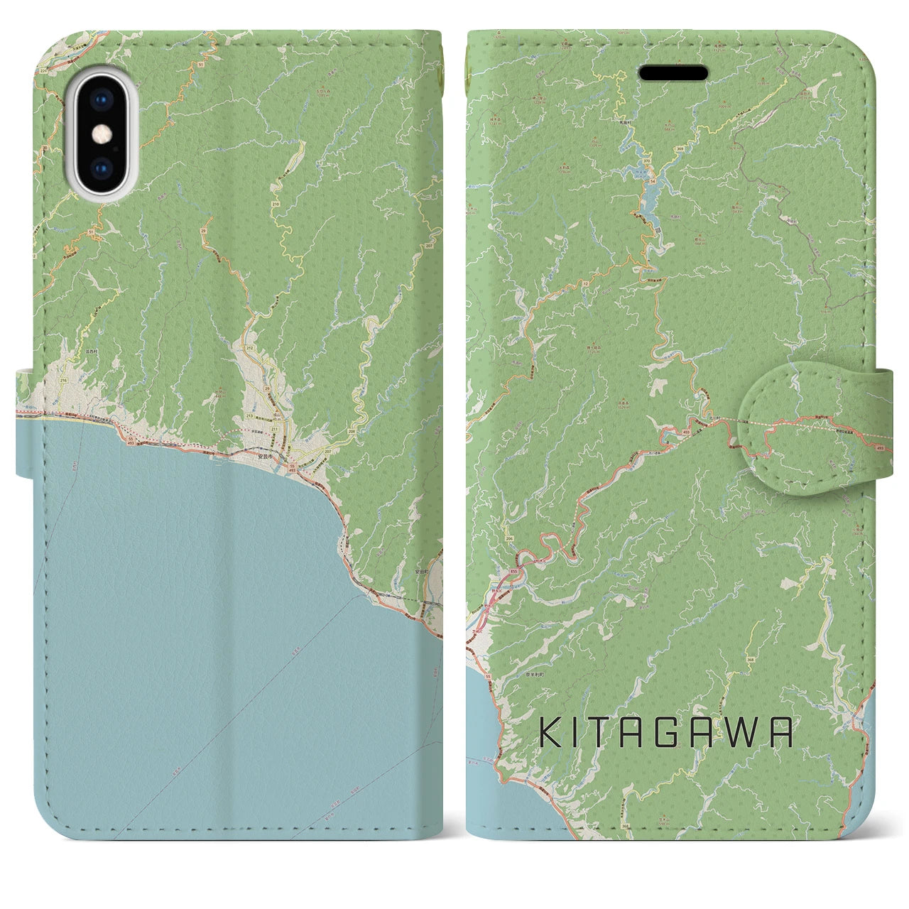 【北川（高知県）】地図柄iPhoneケース（手帳タイプ）ナチュラル・iPhone XS Max 用