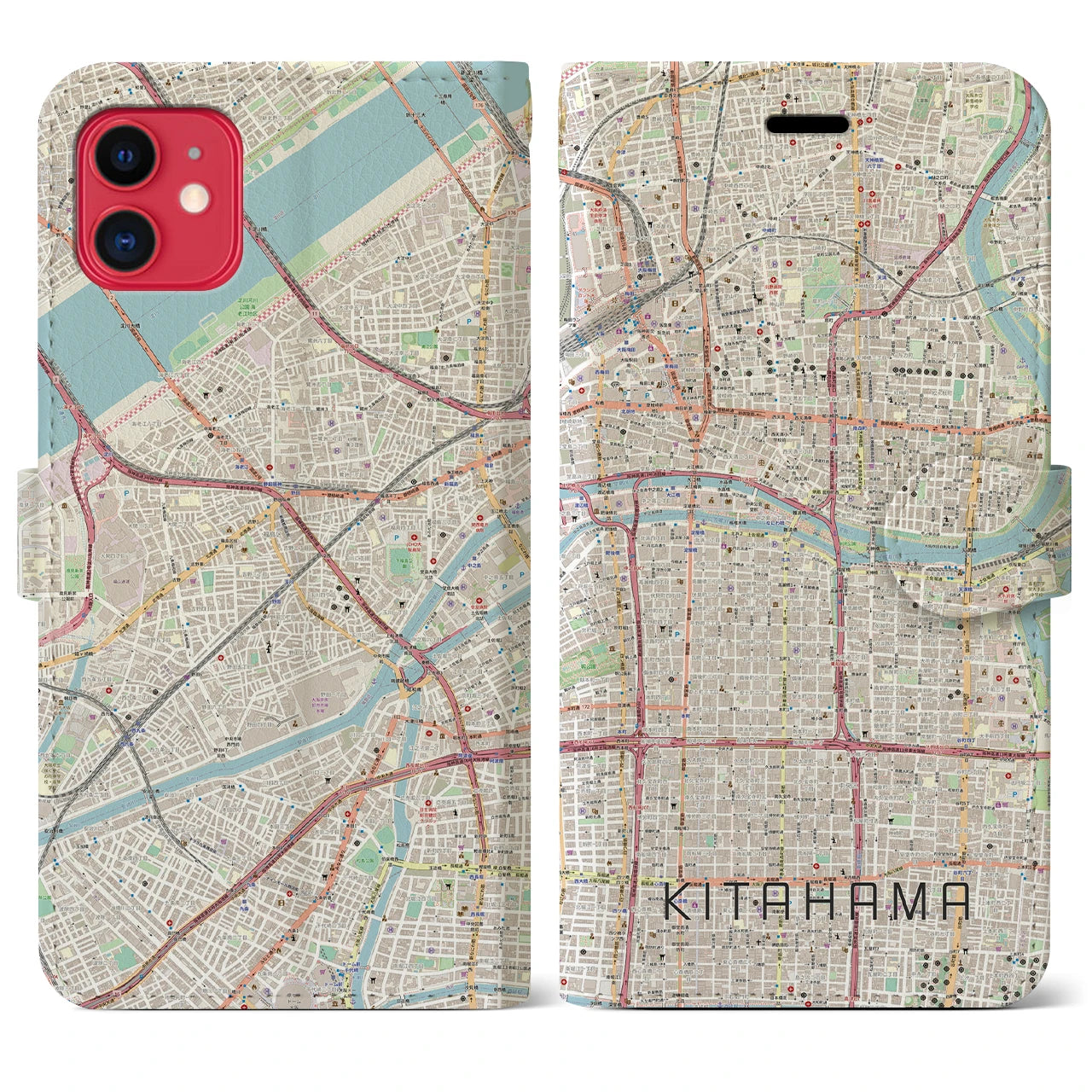 【北浜】地図柄iPhoneケース（手帳両面タイプ・ナチュラル）iPhone 11 用
