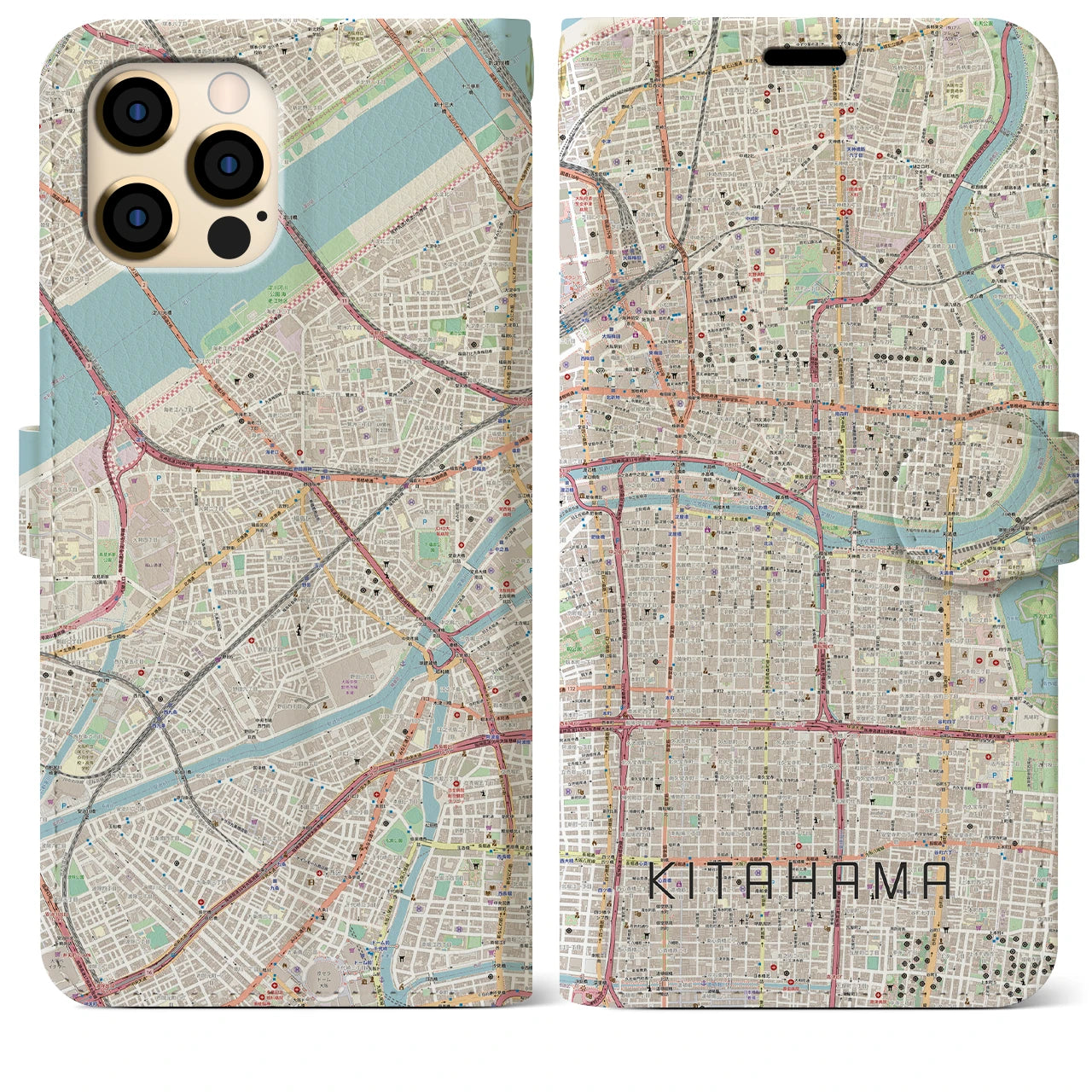 【北浜】地図柄iPhoneケース（手帳両面タイプ・ナチュラル）iPhone 12 Pro Max 用