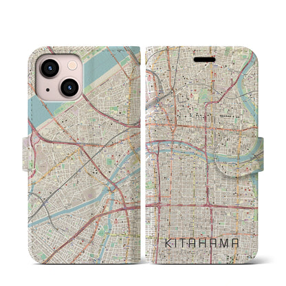 【北浜（大阪府）】地図柄iPhoneケース（手帳タイプ）ナチュラル・iPhone 13 mini 用