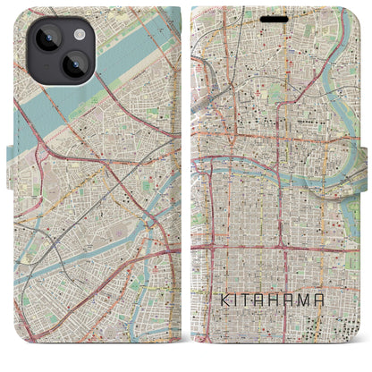【北浜（大阪府）】地図柄iPhoneケース（手帳タイプ）ナチュラル・iPhone 14 Plus 用
