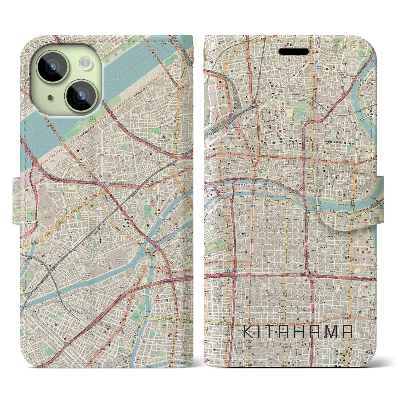 【北浜】地図柄iPhoneケース（手帳両面タイプ・ナチュラル）iPhone 15 用