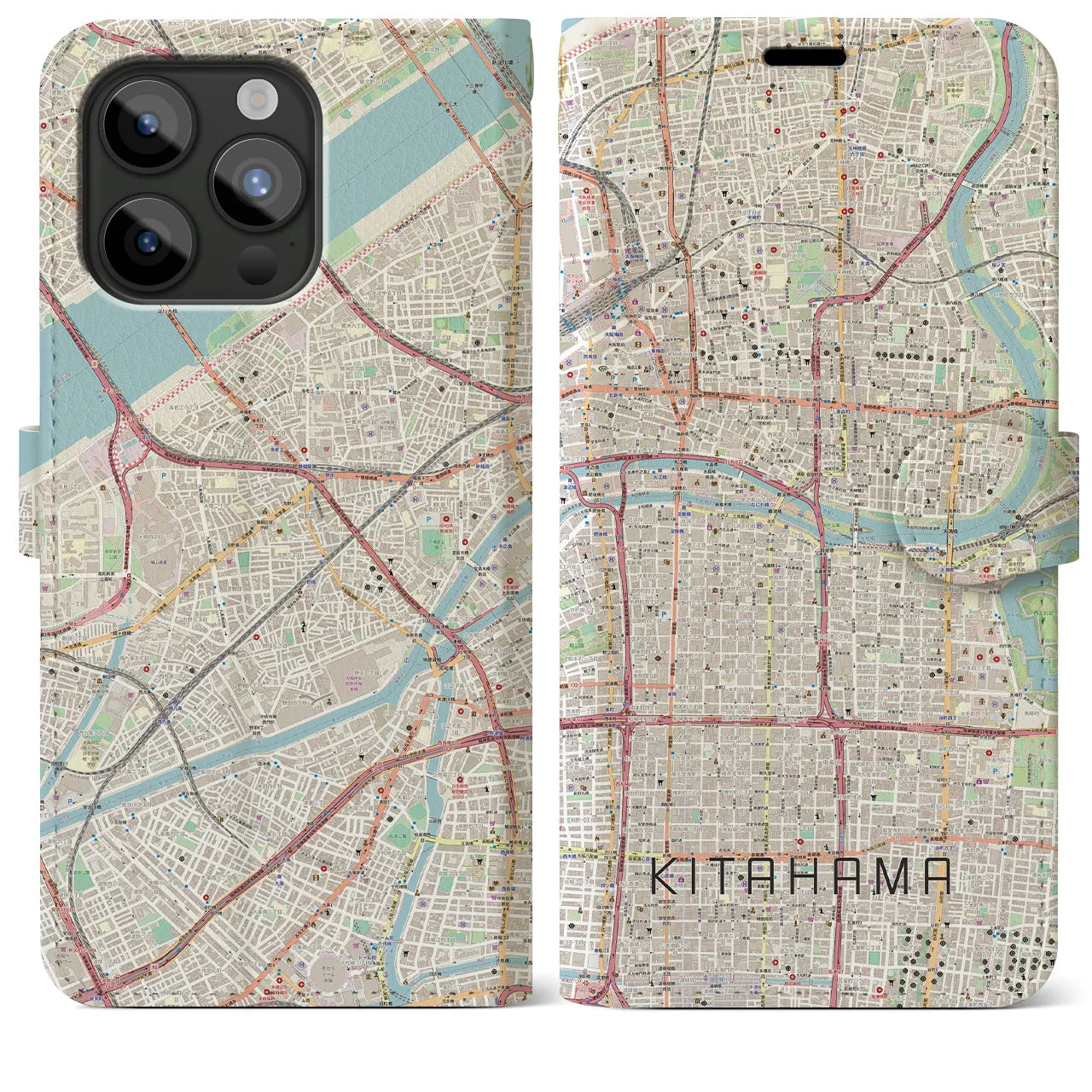 【北浜】地図柄iPhoneケース（手帳両面タイプ・ナチュラル）iPhone 15 Pro Max 用