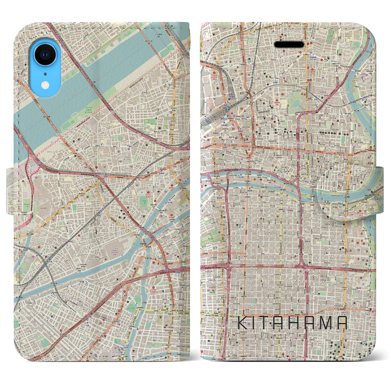 【北浜】地図柄iPhoneケース（手帳両面タイプ・ナチュラル）iPhone XR 用