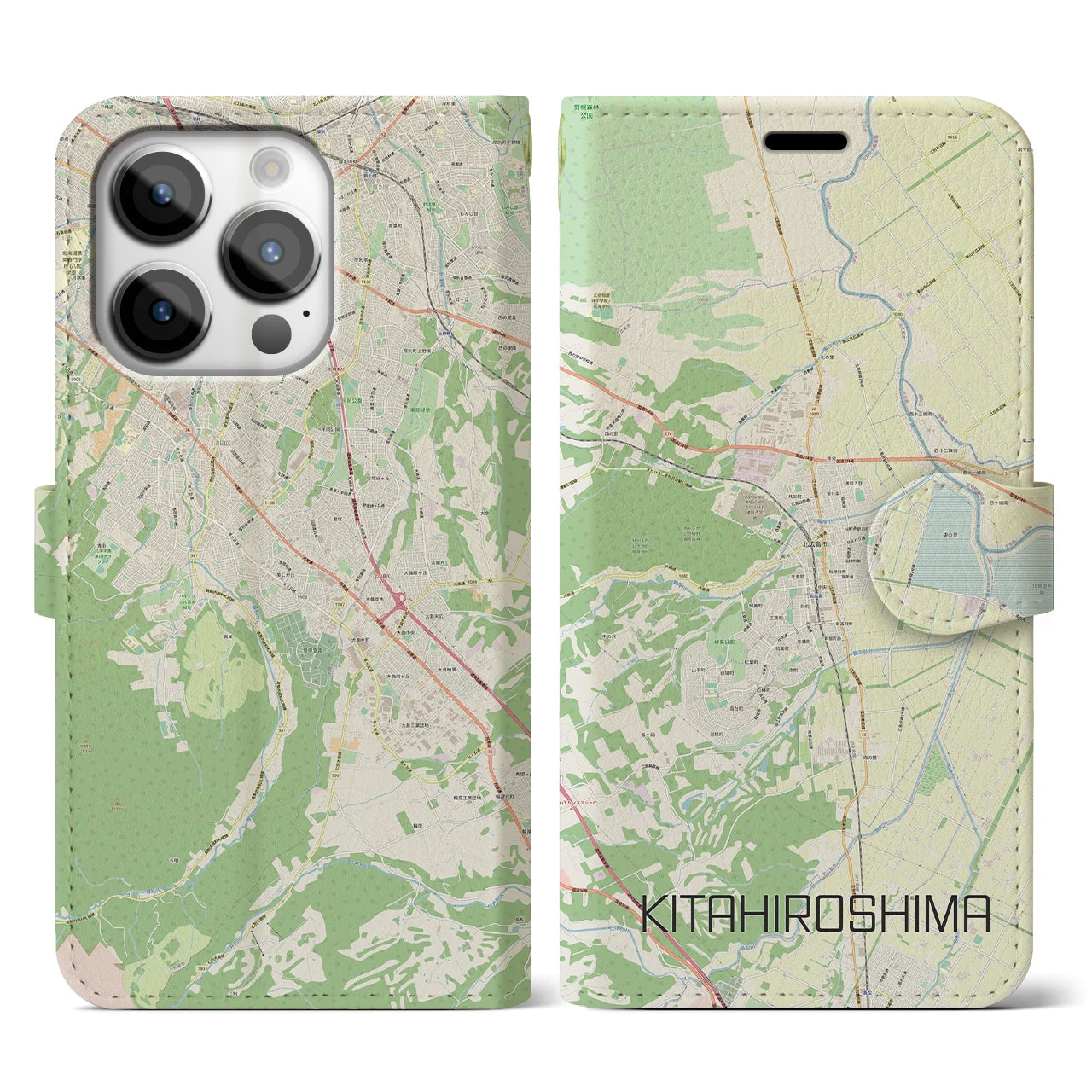 【北広島（広島県）】地図柄iPhoneケース（手帳両面タイプ・ナチュラル）iPhone 14 Pro 用