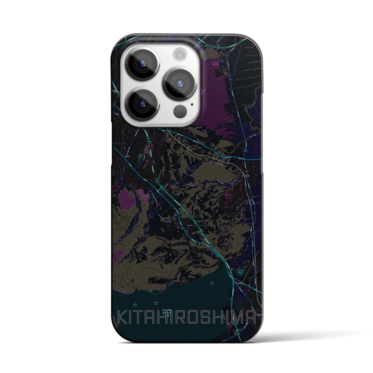 【北広島2】地図柄iPhoneケース（バックカバータイプ・ブラック）iPhone 14 Pro 用