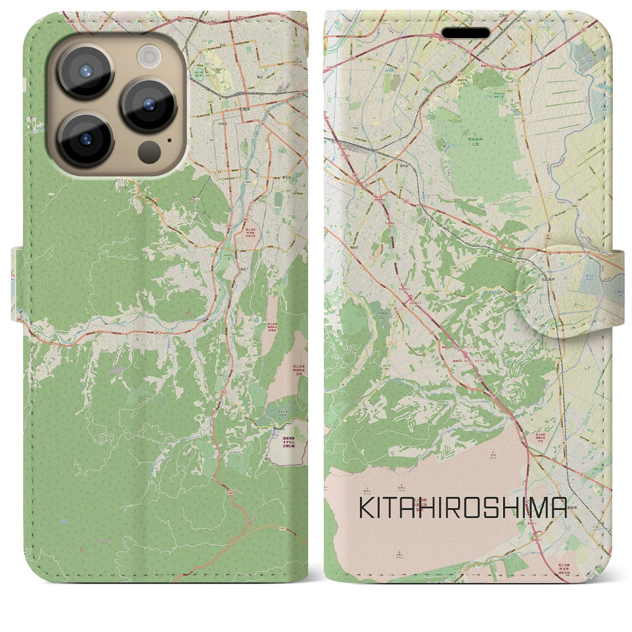 【北広島2】地図柄iPhoneケース（手帳両面タイプ・ナチュラル）iPhone 14 Pro Max 用