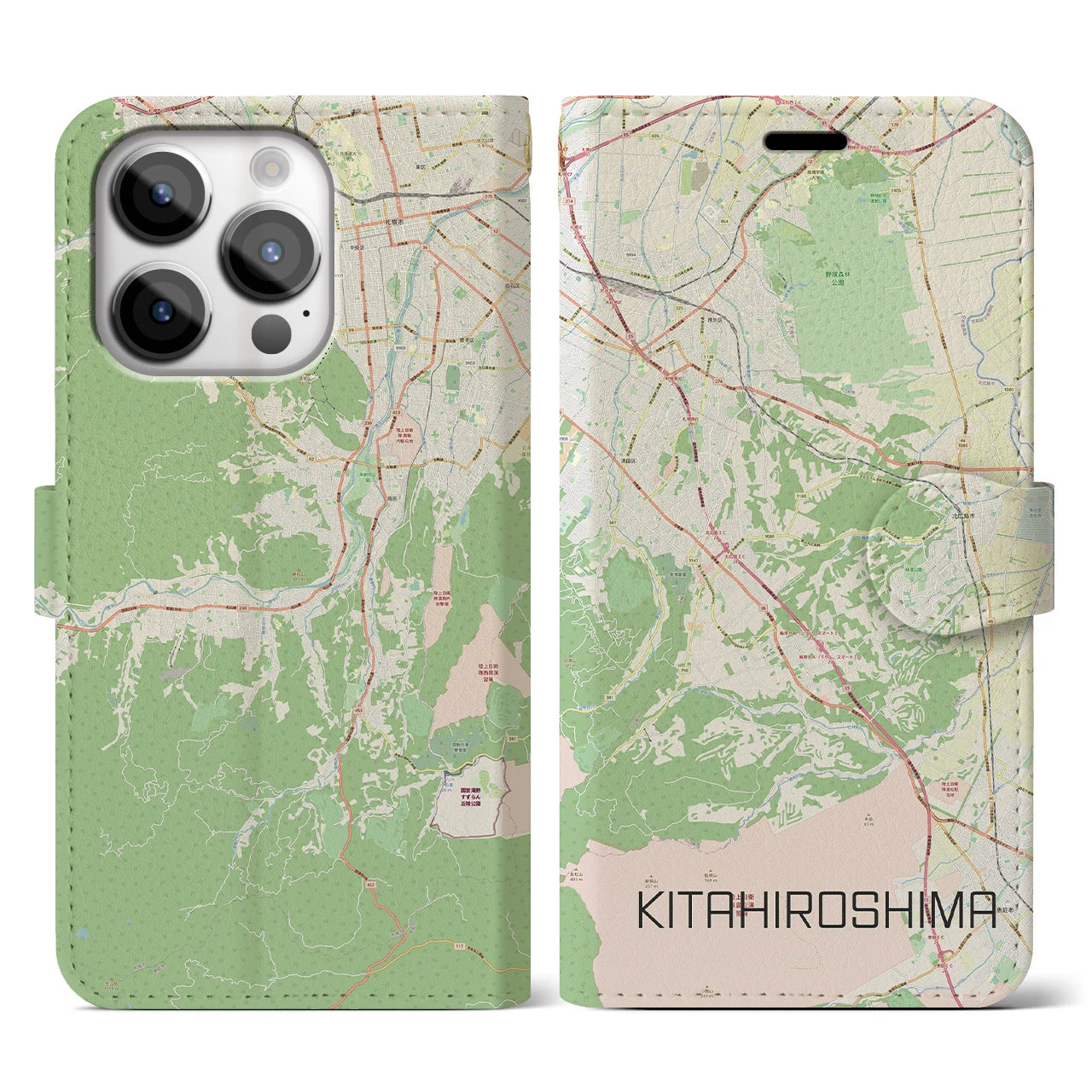 【北広島2】地図柄iPhoneケース（手帳両面タイプ・ナチュラル）iPhone 14 Pro 用
