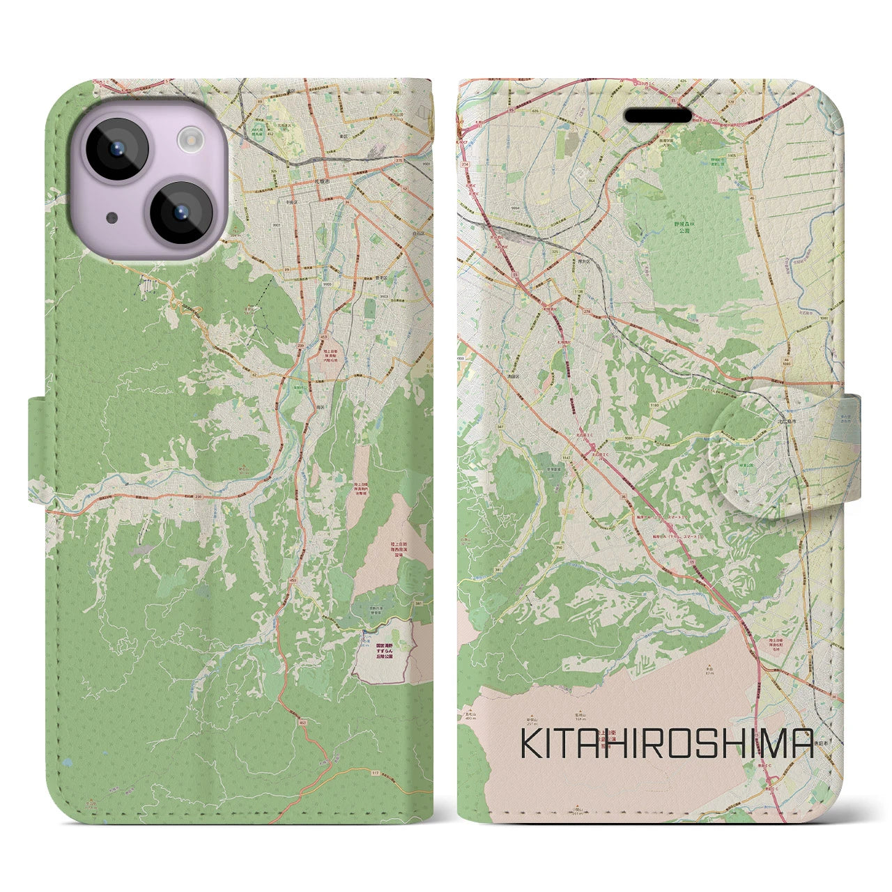 【北広島2】地図柄iPhoneケース（手帳両面タイプ・ナチュラル）iPhone 14 用