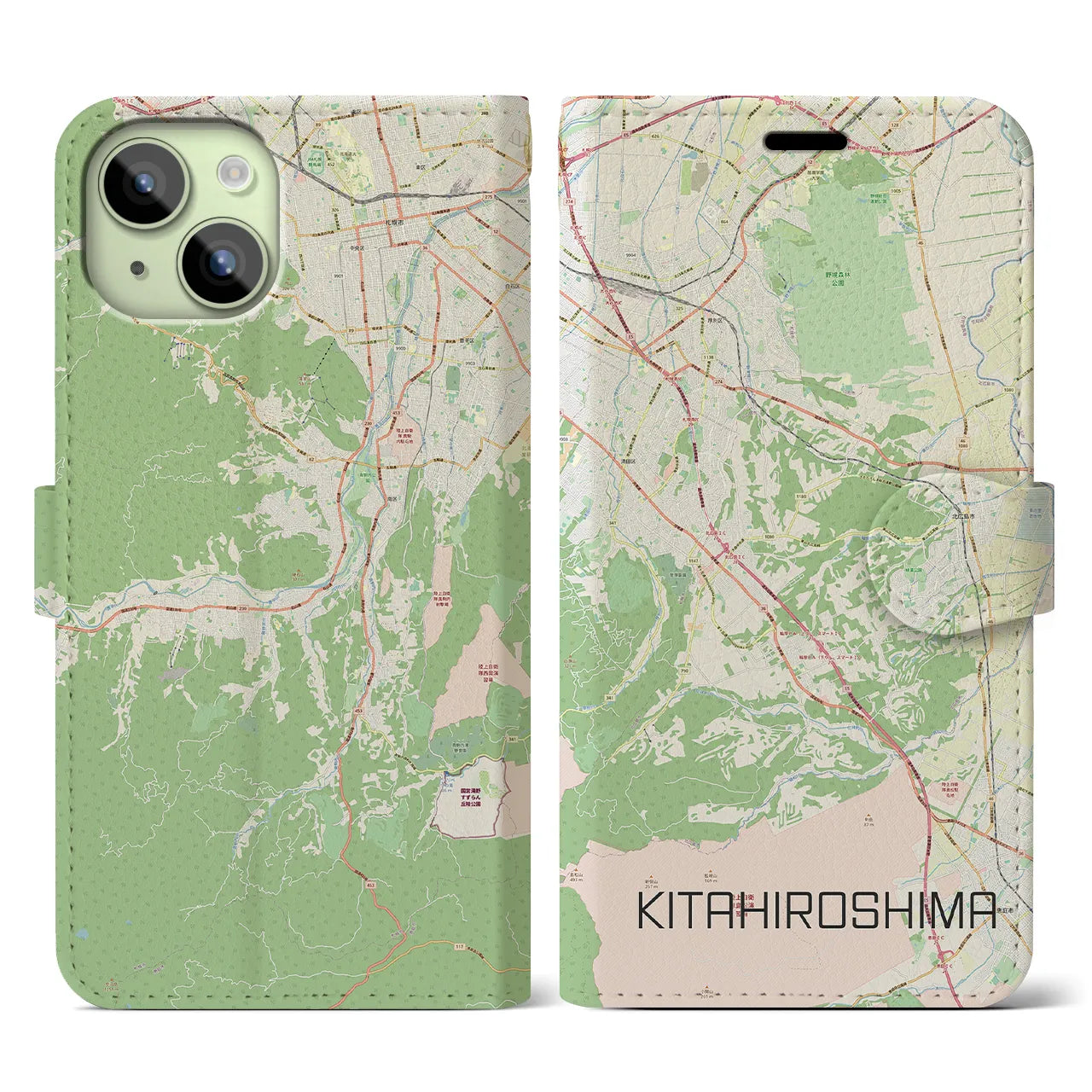 【北広島2】地図柄iPhoneケース（手帳両面タイプ・ナチュラル）iPhone 15 用