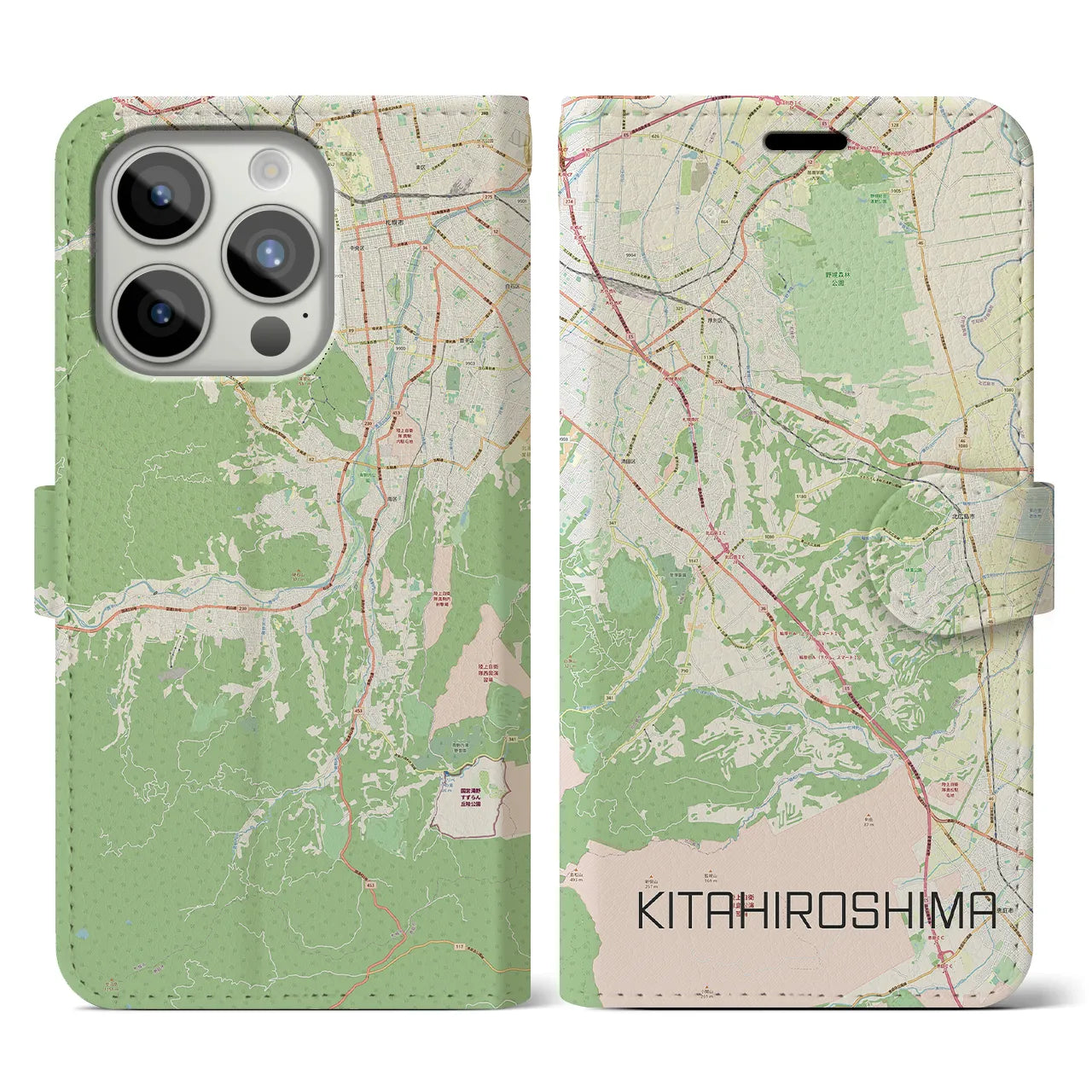 【北広島2】地図柄iPhoneケース（手帳両面タイプ・ナチュラル）iPhone 15 Pro 用